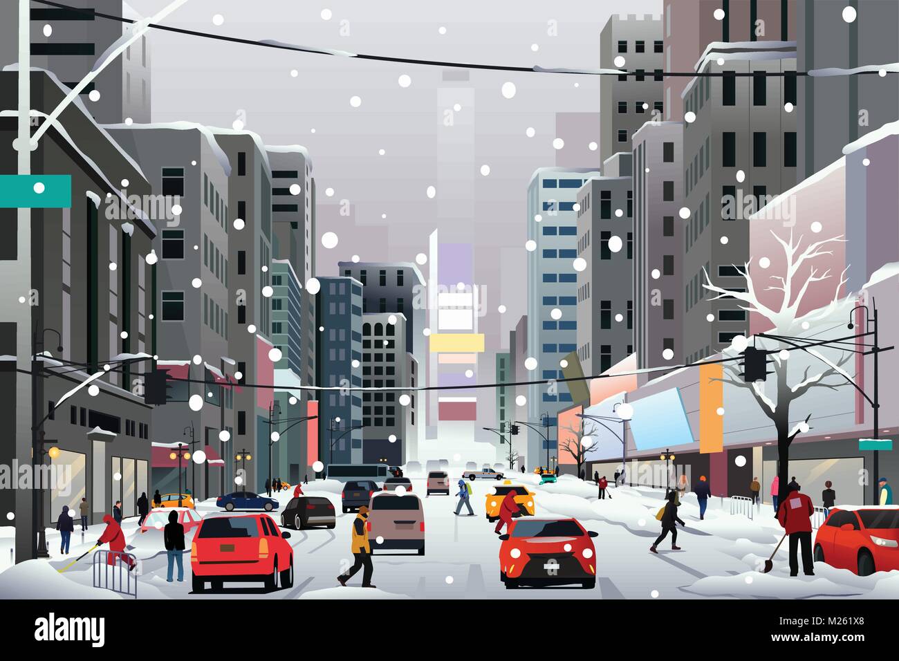 A vector illustration of People Walking in the City During Winter Storm Stock Vector