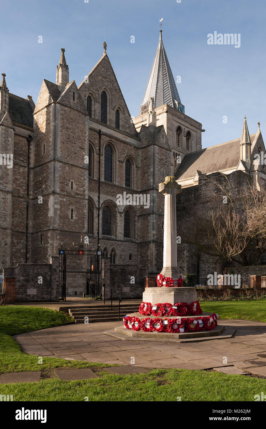 Remembrance Sunday, The Royal British Legion poppies still remain well kept and maintained in second oldest memorial garden, Rochester Cathedral 604AD Stock Photo