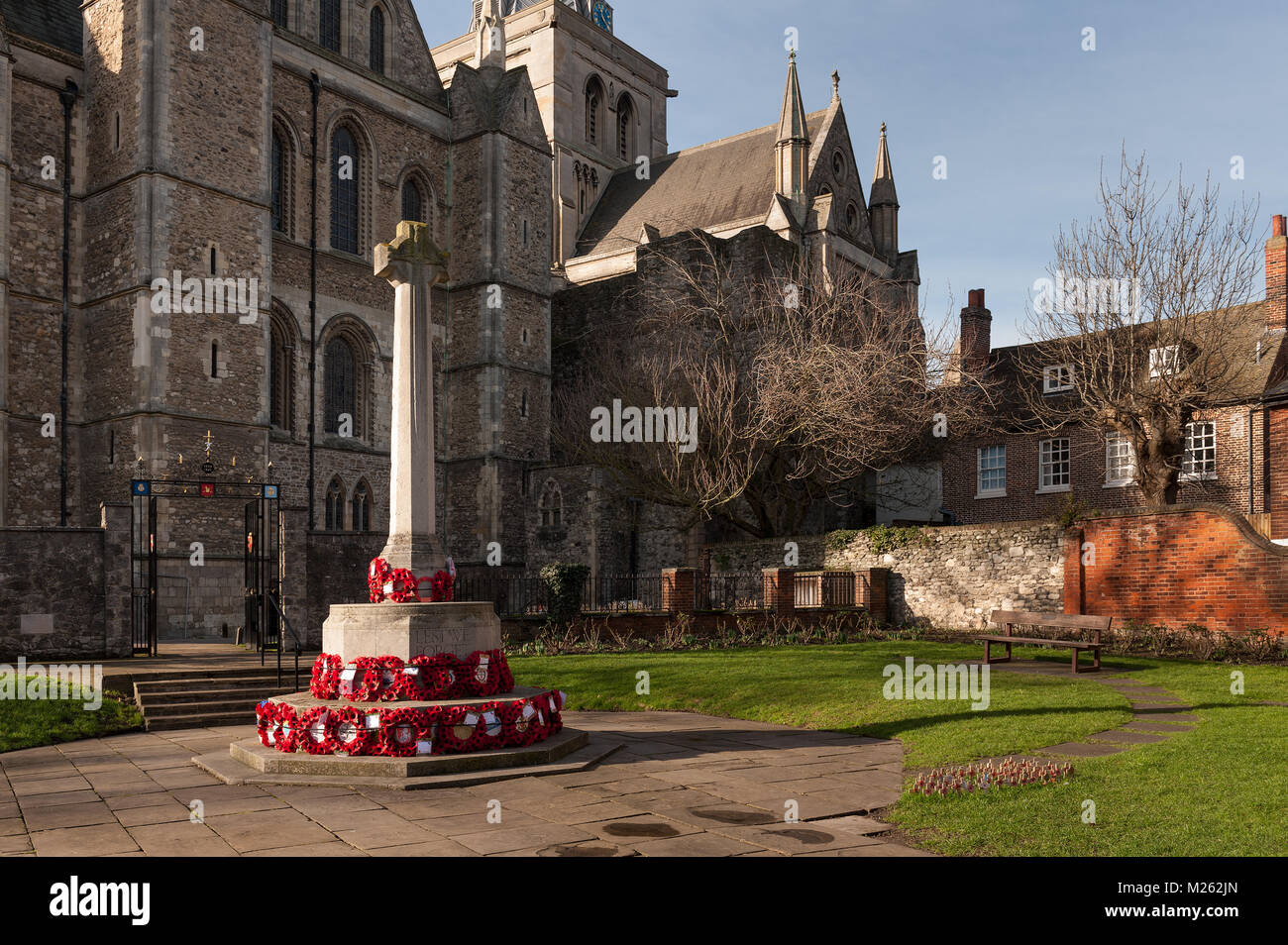 Remembrance Sunday, The Royal British Legion poppies still remain well kept and maintained in second oldest memorial garden, Rochester Cathedral 604AD Stock Photo