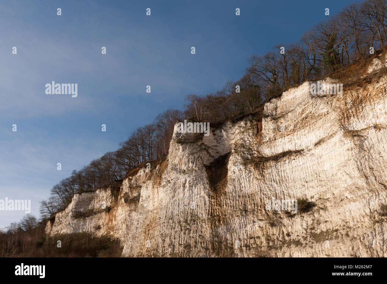 Chalk pit face to mined hillside used to extract chalk used for making lime and cement in
