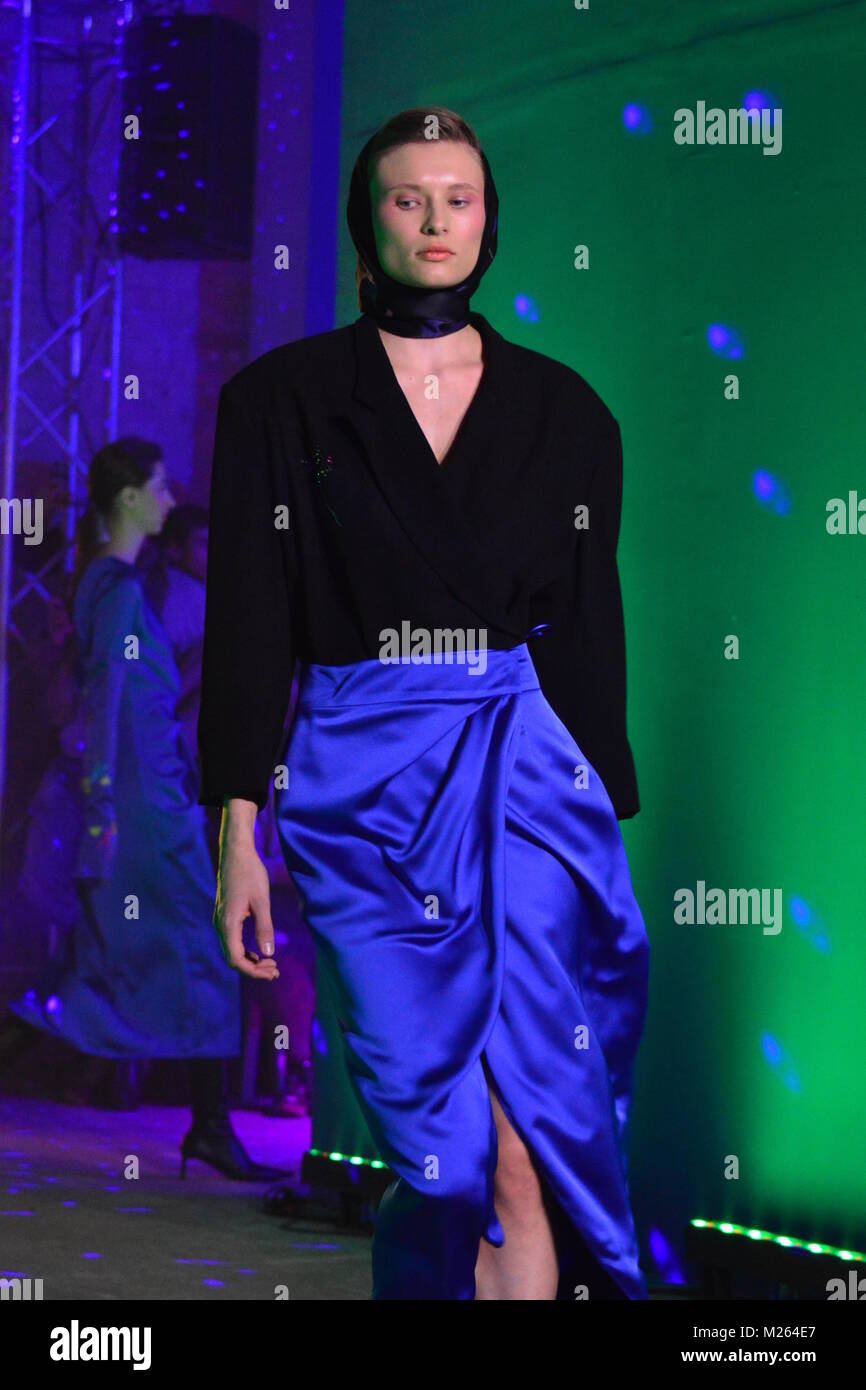 Kiev, Ukraine. 03rd Feb, 2018. Model presents a creation by designer POUSTOVIT during Fashion Show as part of Ukrainian Fashion Week FW18-19 at Mystetskyi Arsenal. Credit: Alexandr Gusev/Pacific Press/Alamy Live News Stock Photo