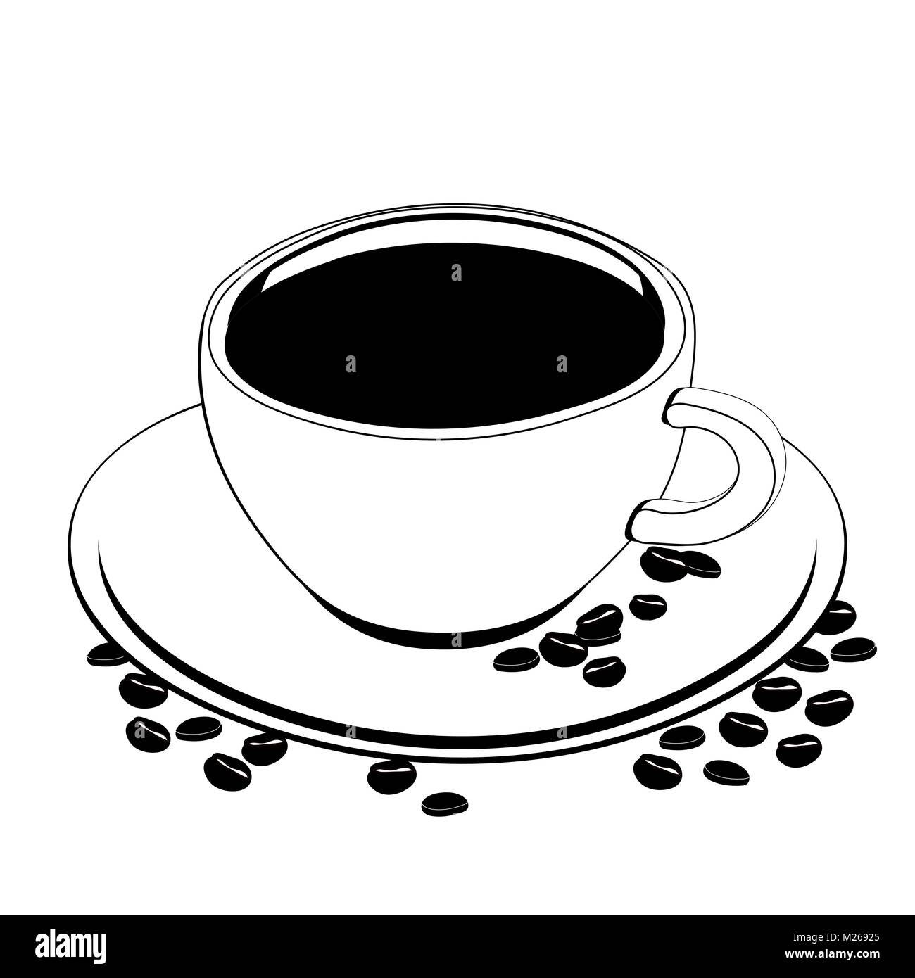 Cup of coffee, vector outline drawing, contour picture, coloring, sketch, silhouette. A cup of black coffee on a saucer on which coffee beans are scattered, isolated on white background Stock Vector