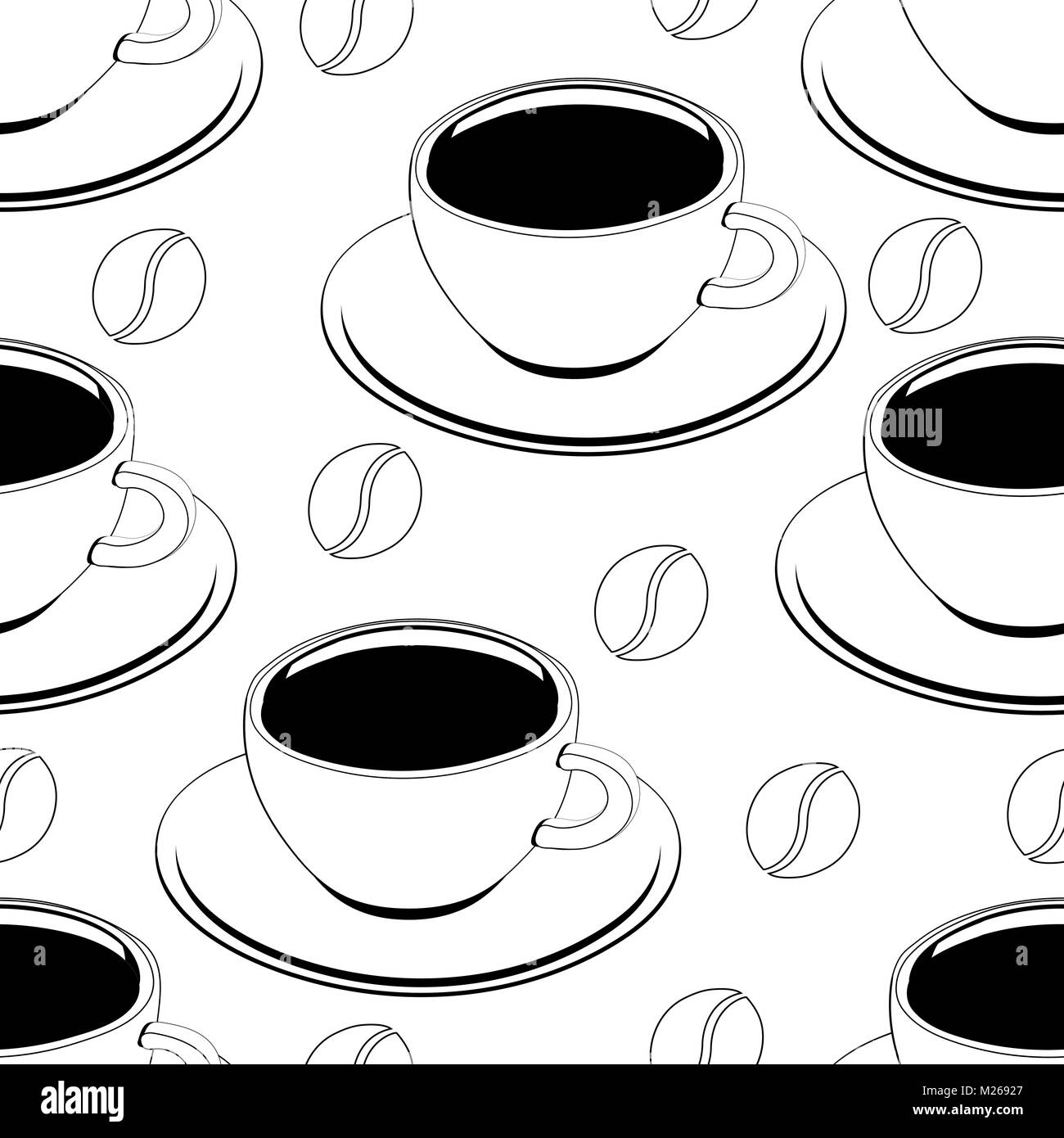 Cup of coffee outline seamless pattern, vector background, coloring, sketch, contour drawing. Drawn cups of black coffee and coffee beans on a white backdrop. For wallpaper design, fabrics, decorating Stock Vector