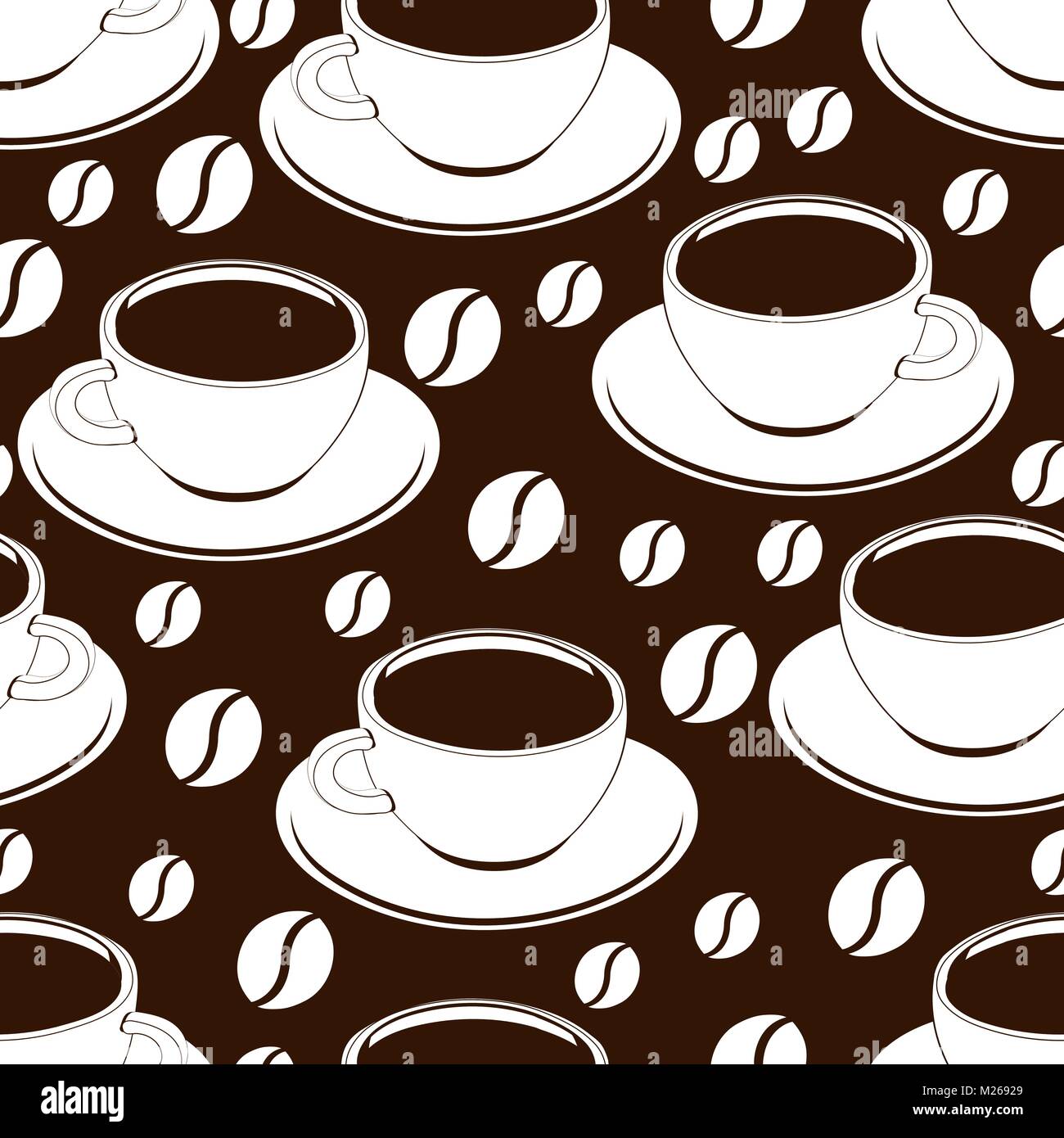 Cup of coffee outline seamless pattern, vector background, coloring, sketch, contour drawing. Drawn cups of black coffee and coffee beans on a brown backdrop. For wallpaper design, fabrics, decorating Stock Vector