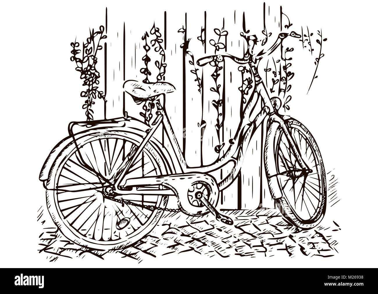 Bicycle hand drawing, sketch, coloring, monochrome black and white picture, vector illustration Stock Vector