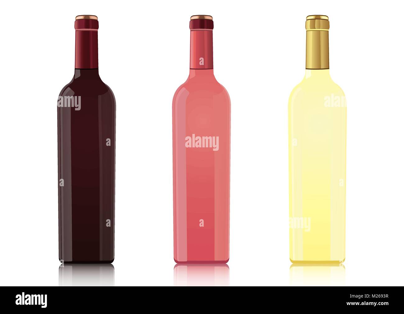 Set of bottles of different types of wines without labels, vector ...