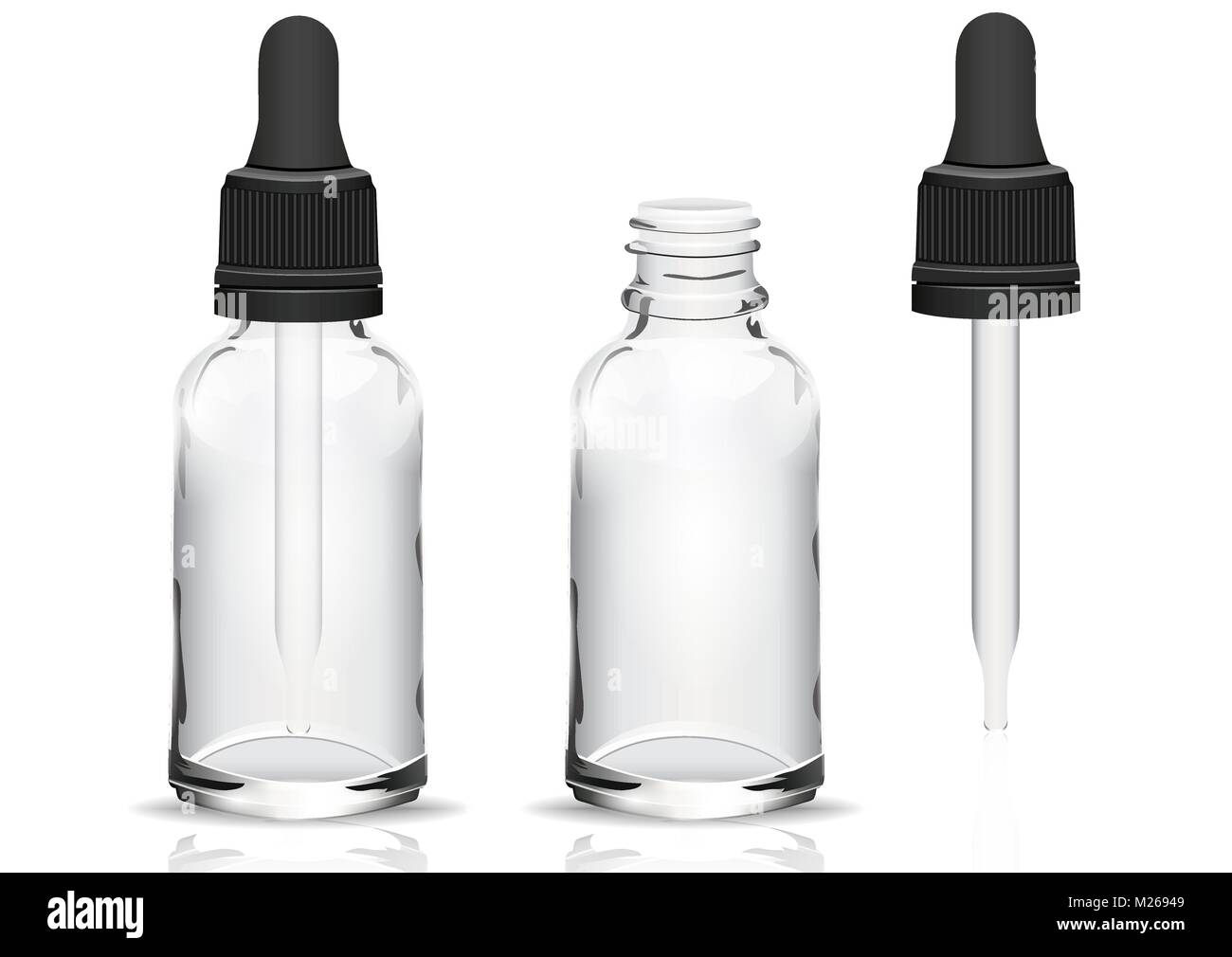 Glass bottle with a pipette, vector realistic drawing. Transparent empty vial with a pipette inside and closed lid, and empty vial without cover and a separate pipette. Isolated on white background Stock Vector