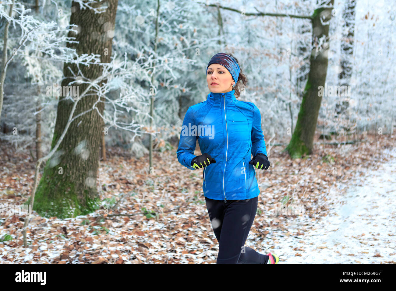 a young woman jogging in the wintry forest Stock Photo - Alamy