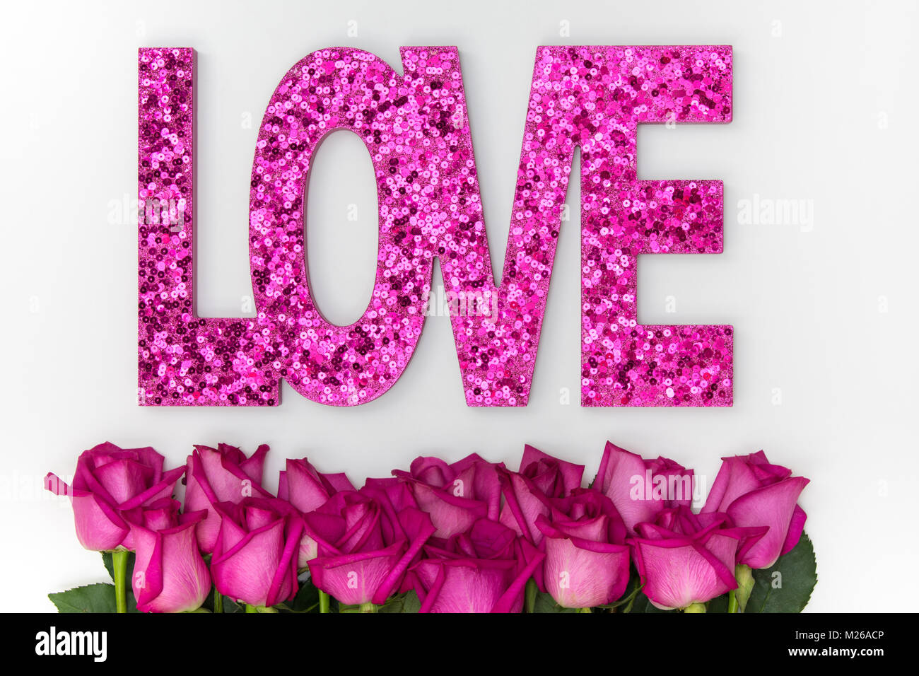 The word love in hot pink glitter with fuschia hybrid tea roses Stock Photo