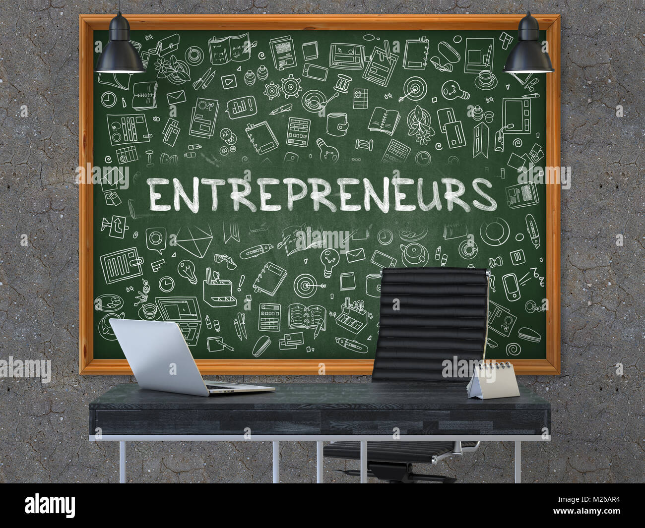 Entrepreneurs Concept. Doodle Icons on Chalkboard. 3d Stock Photo