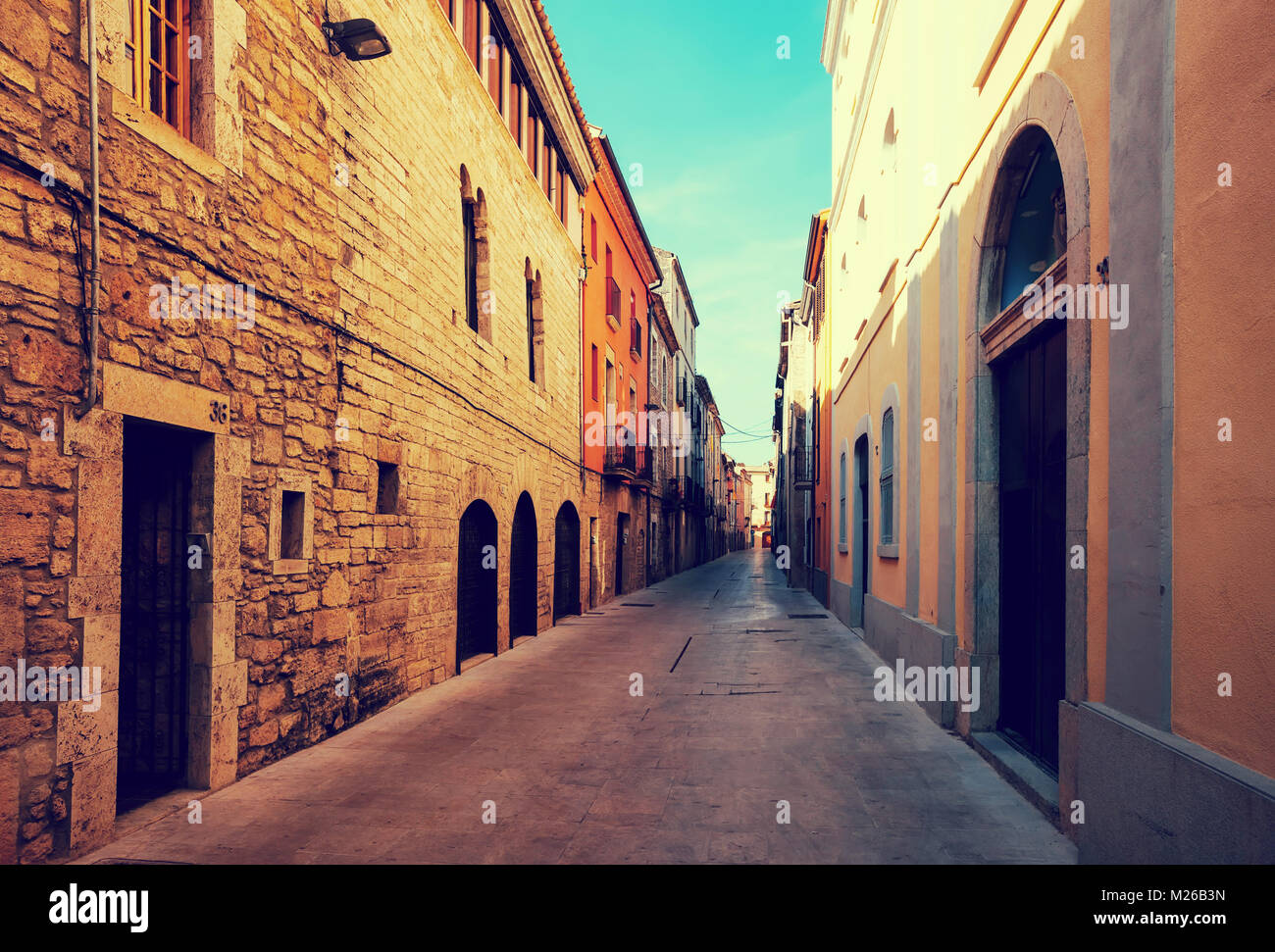street in ordinary Catalan town. Banyoles, Spain Stock Photo