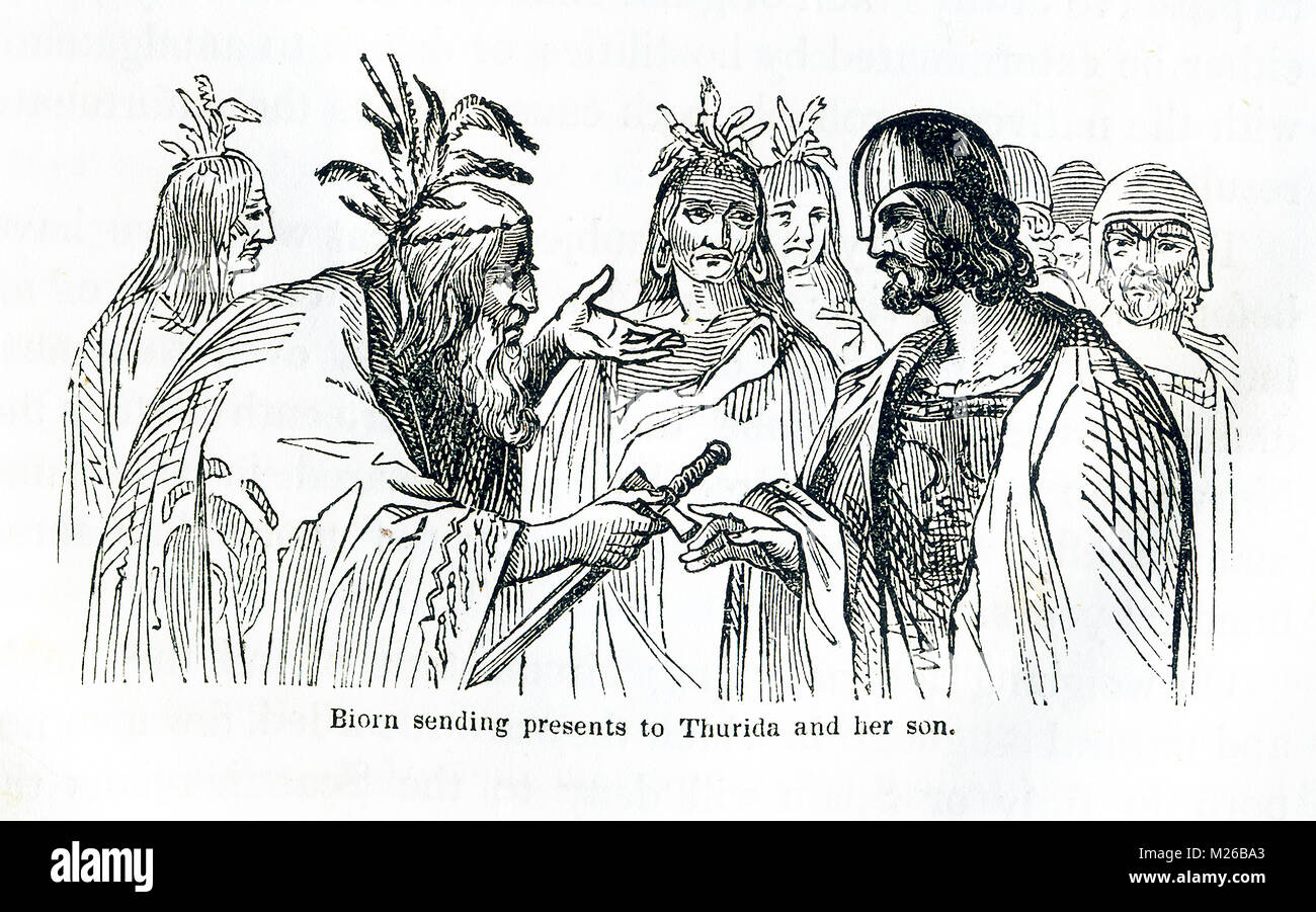 This illustrates dates to around 1846 and shows Biorn sending presents to Thurida and her son. The characters involved are  Northmen or Norse Vikings. According to the sagas, it was in the 900s A.D. Biorn Asbrand was the hero of Breidviking and a brave soldier. He was said to have fallen in love with Thurida, whife of Thorodd, a Dublin merchant settled in Iceland. Biorn was driven away from Iceland and in a later meeting with Gudlief gave him a gold ring for Thurida and a sword for her son Kiartan. Gudlief took them to Iceland and delivered them. Stock Photo