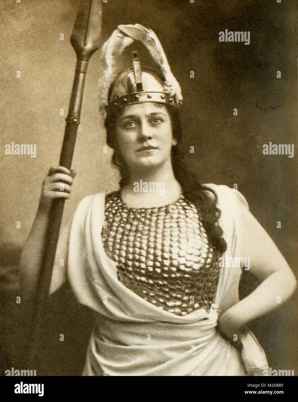This photo shows Madame Lillian Nordica as Brunhilde in Wagner's Valkyrie. Nordica was an American prima donna who was born in Farmington, Maine, in 1859 and became of greatest Brunhildes of the day and famous in all the great Wagnerian music-dramas such as Lohengrin, The Valhyrie, and Tristan and Isolde. She made operatic debut at Brescia in 1879 in La Traviata. Stock Photo