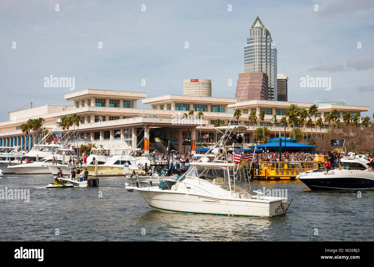 Boaters take part in the 2018 Gasparilla Pirate invasion festival along the waterfront of Downtown Tampa, Florida. (Photo by Matt May/Alamy) Stock Photo