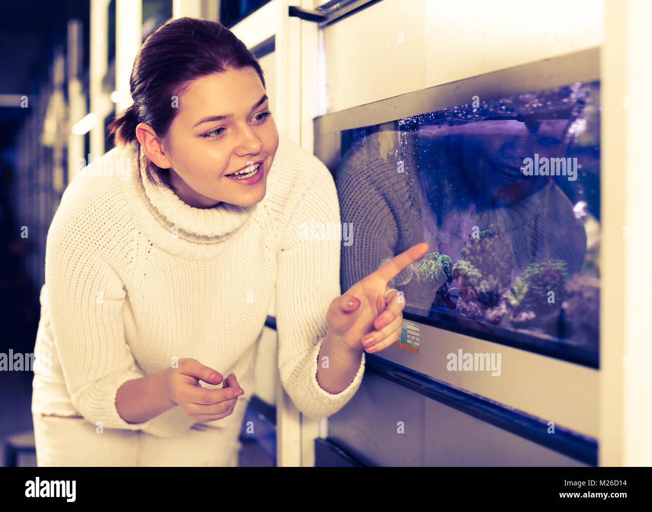 Attractive teenager in aquarium shop points to interesting colored fish on several rows of shelves with aquariums Stock Photo