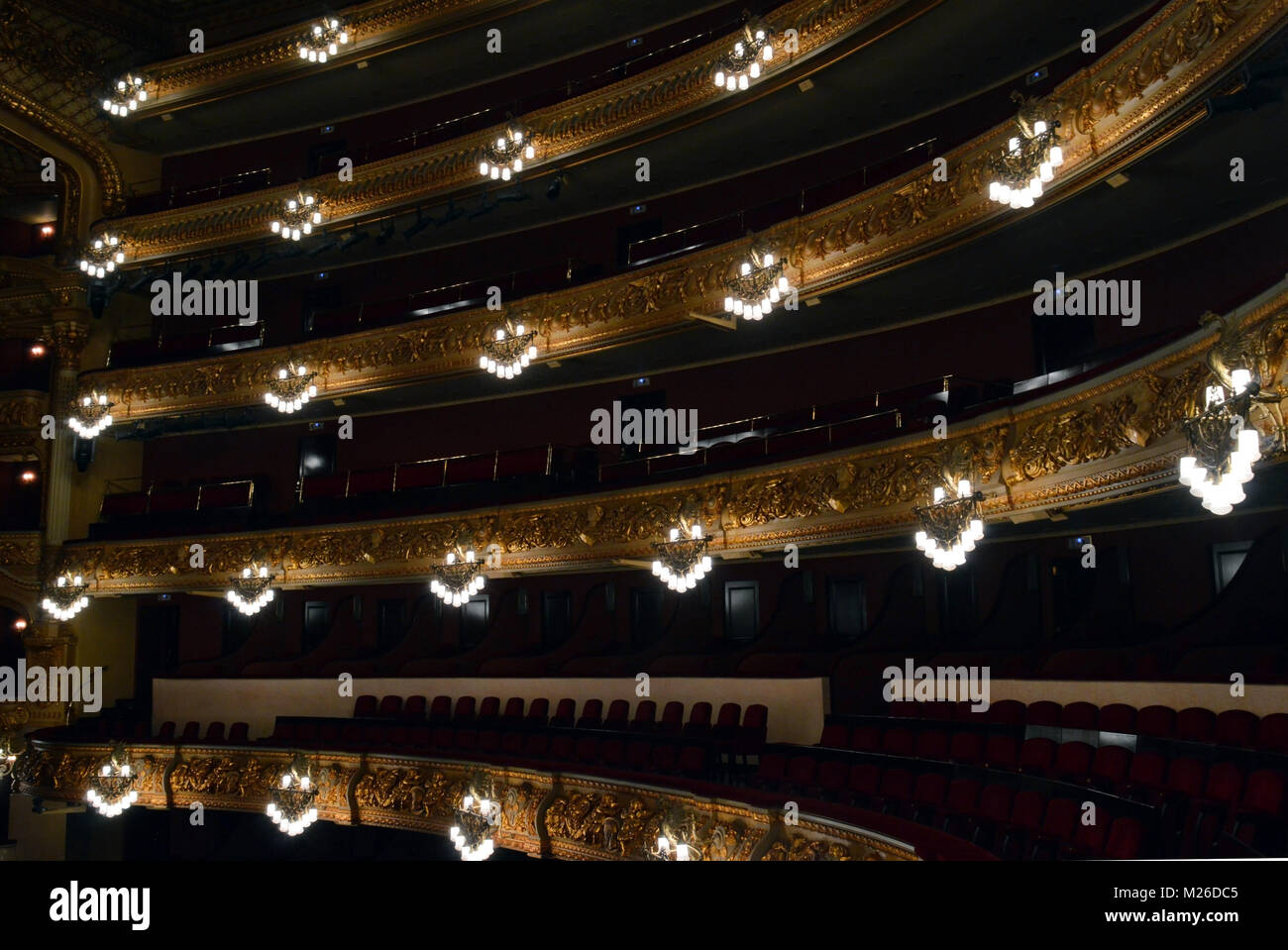 BARCELONA - 11 FEBRUARY 2017: Illuminated upper circle seating (without audience) in Liceu Opera House. Stock Photo