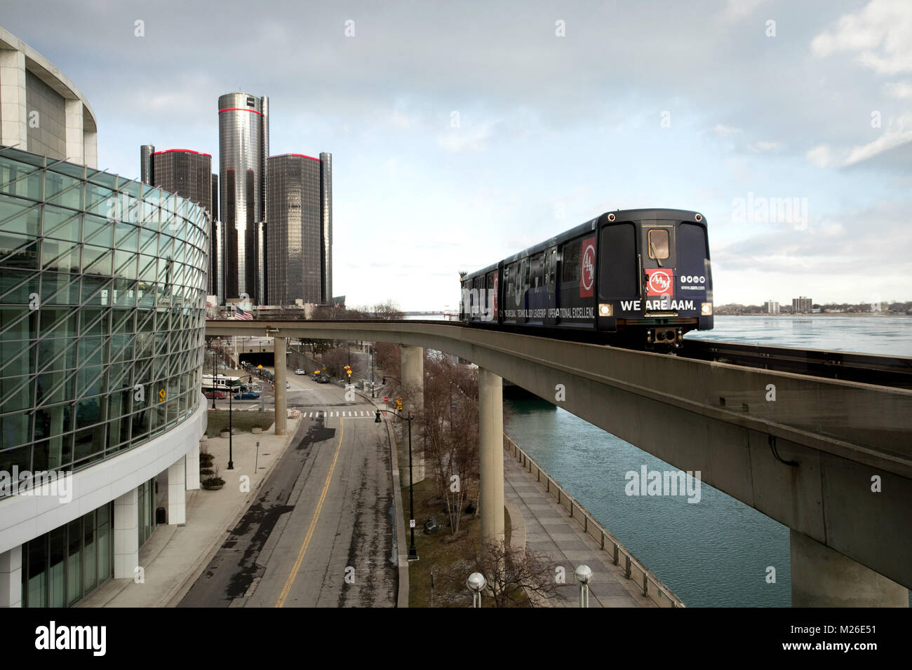 Detroit's people mover which circles the downtown area. Detroit River at right, Cobo Centre at left, and Renaisssance Center towers in background Stock Photo
