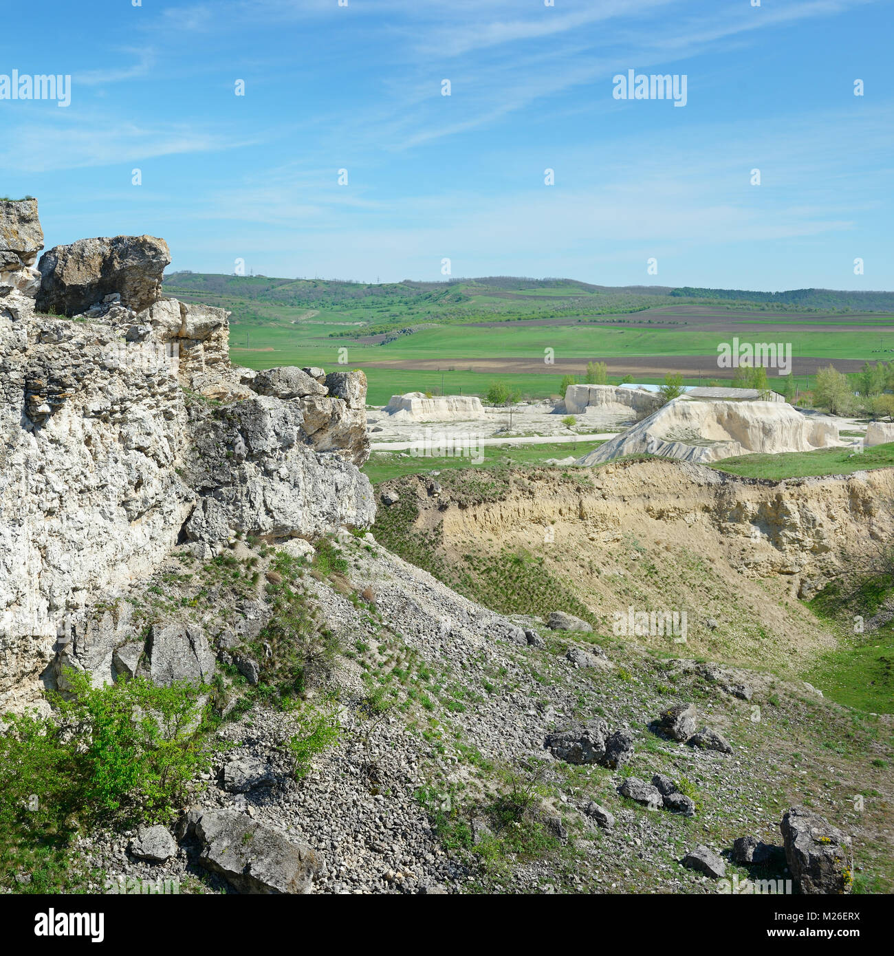 Abandoned quarry for limestone mining. Destruction of environment. Stock Photo