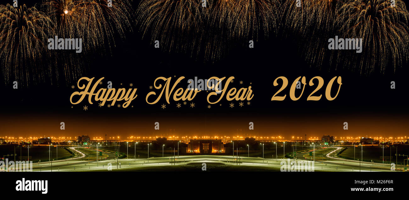Happy new year 2020 with fireworks background. Celebration New Year 2020 in Abu Dhabi. Stock Photo