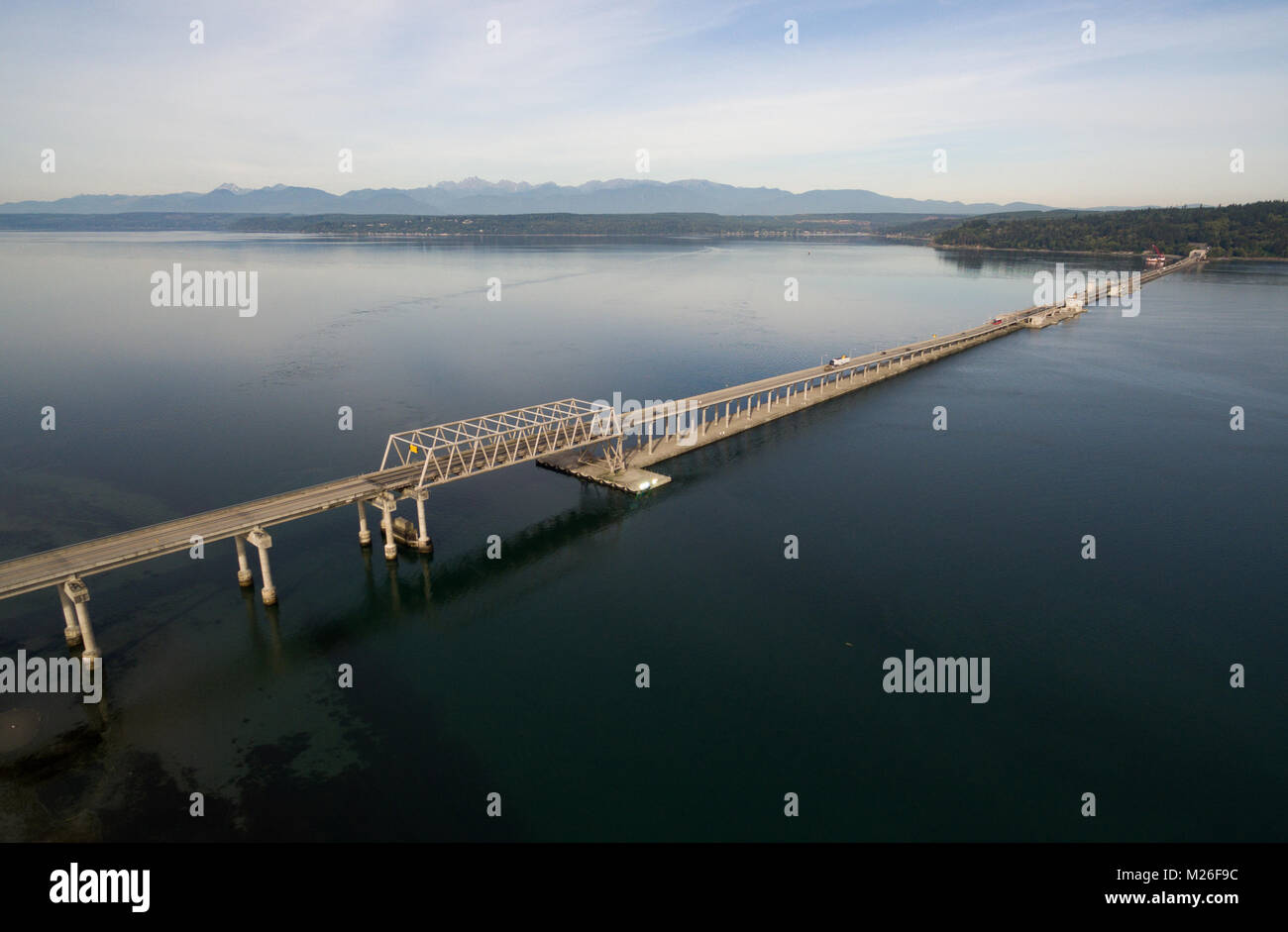 Commuters move across the Puget Sound on the Hood Canal Bridge connecting Olympic and Kitsap Peninsulas Stock Photo