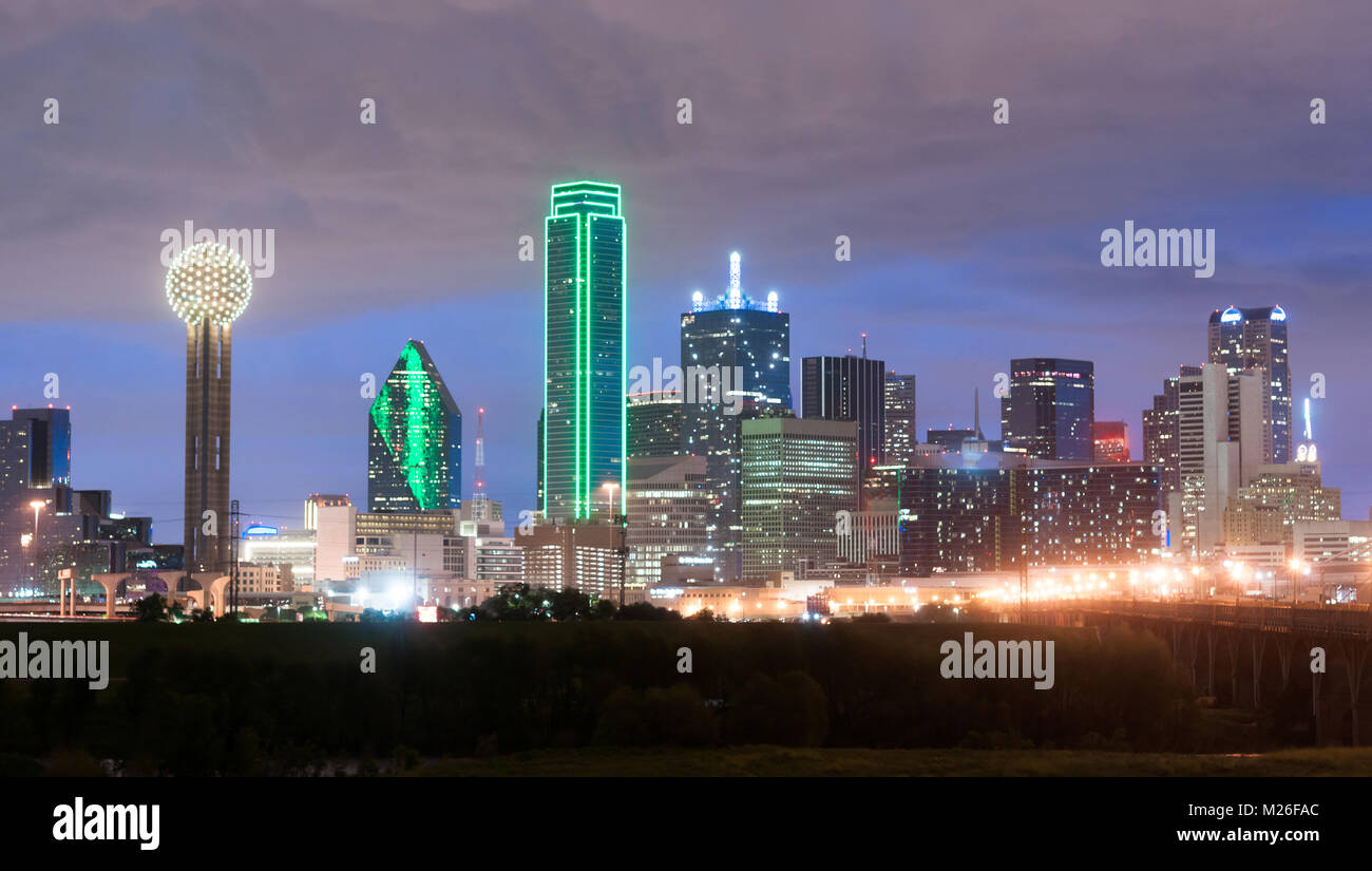 The unique lights and architectural design showcased here in Dallas Texas at dusk Stock Photo