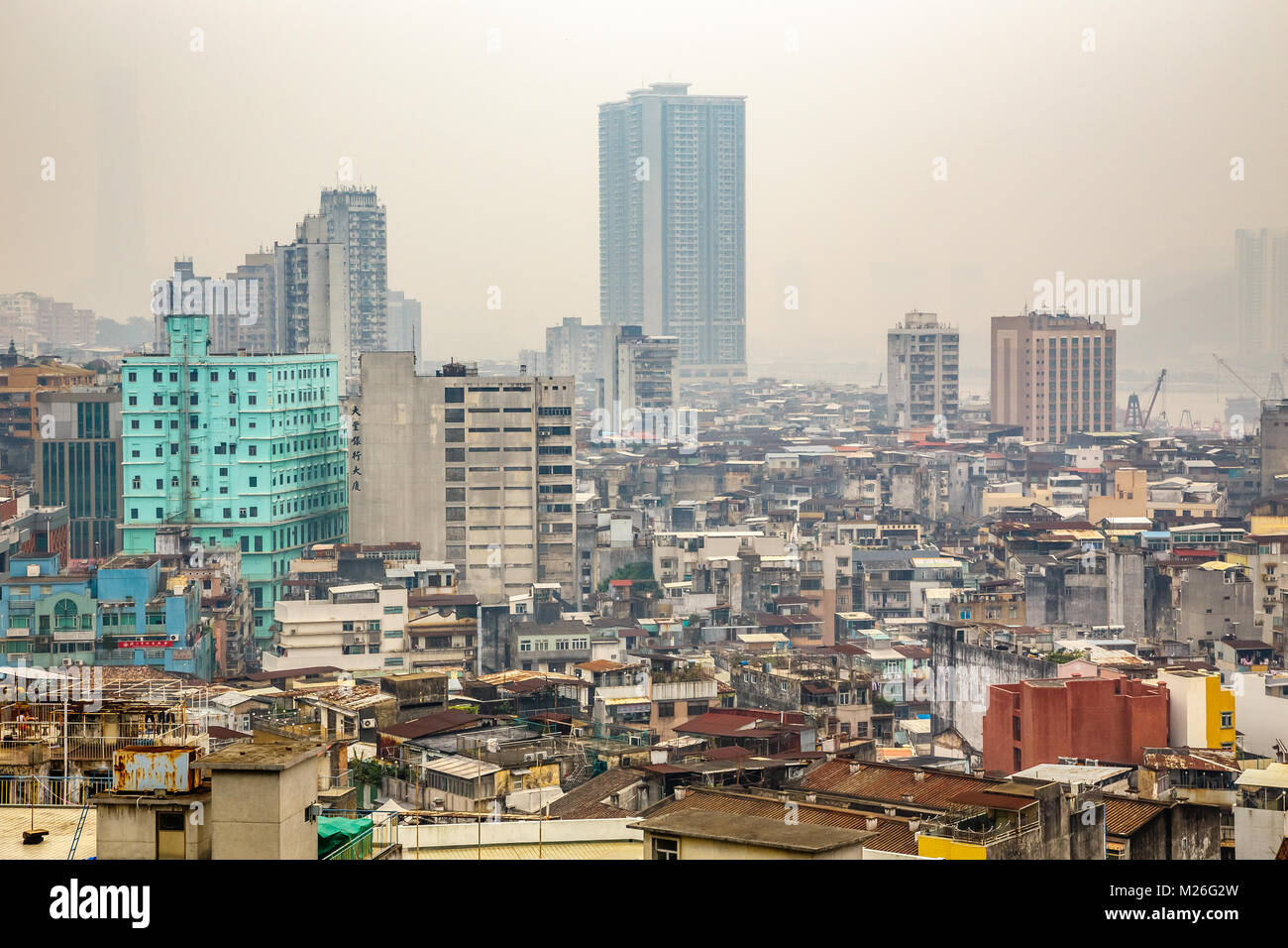 Macau city center panorama with poor slums blocks and tall living buildings, China Stock Photo