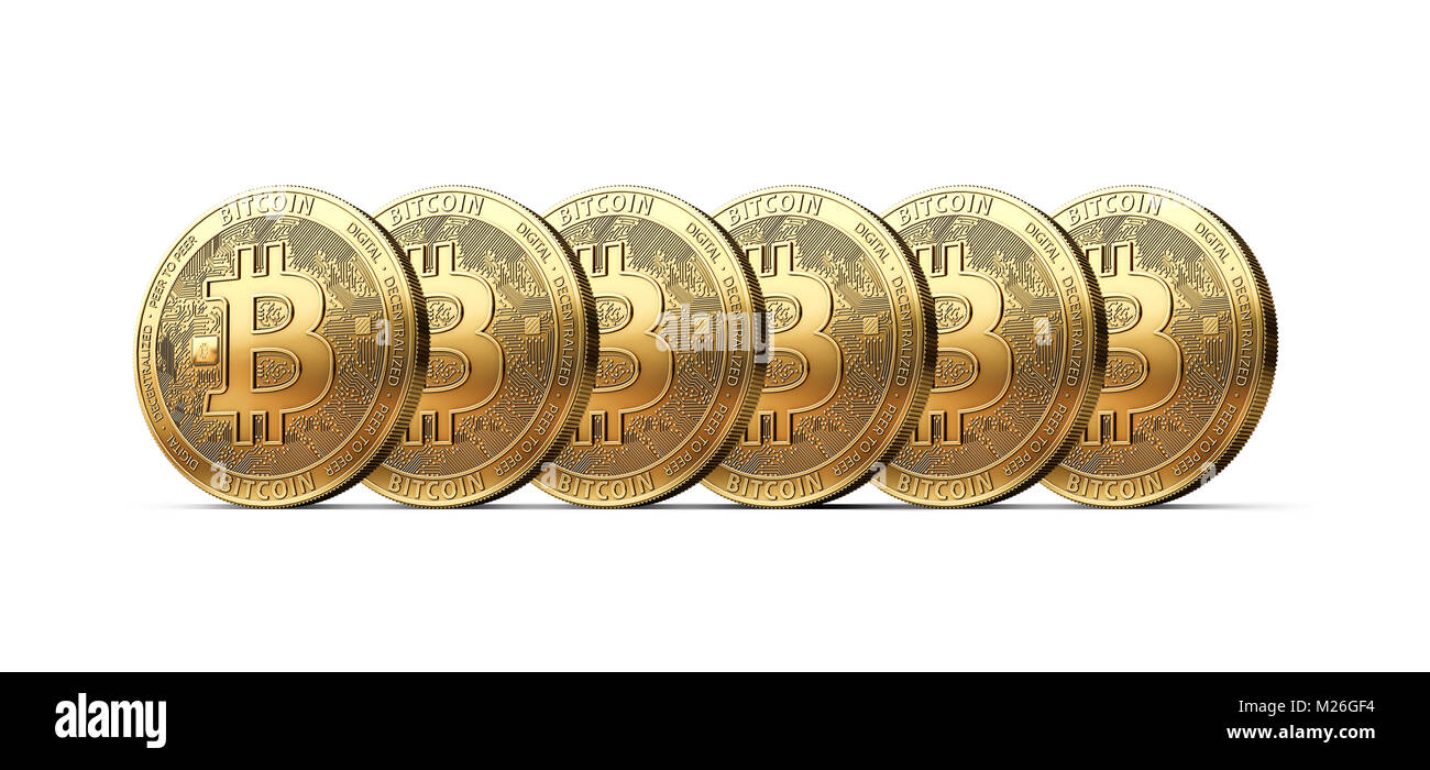 Set of 6 golden bitcoins isolated on white background. 3D rendering ...