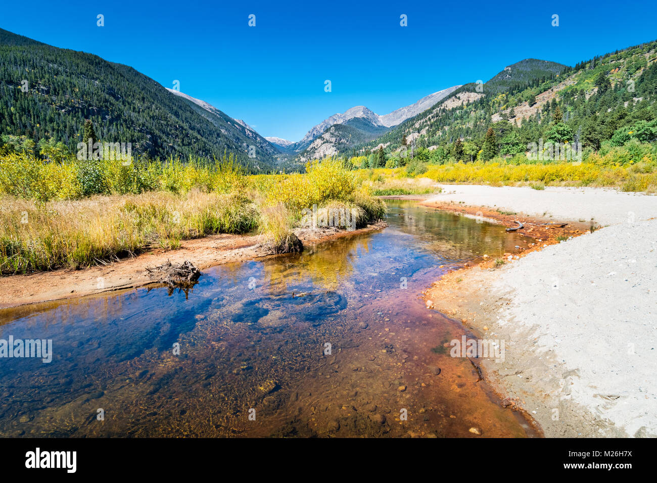 Fall River Valley at the Alluvial Fan trailhead in Rocky Mountains National Park Colorado USA on a sunny day. Stock Photo