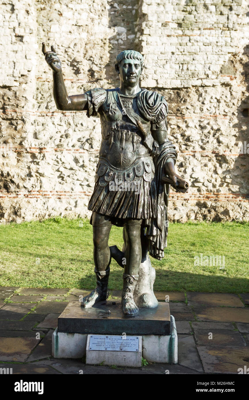 Statue of Trajan Roman Emperor, Roman Statue, London, UK. Roman Wall