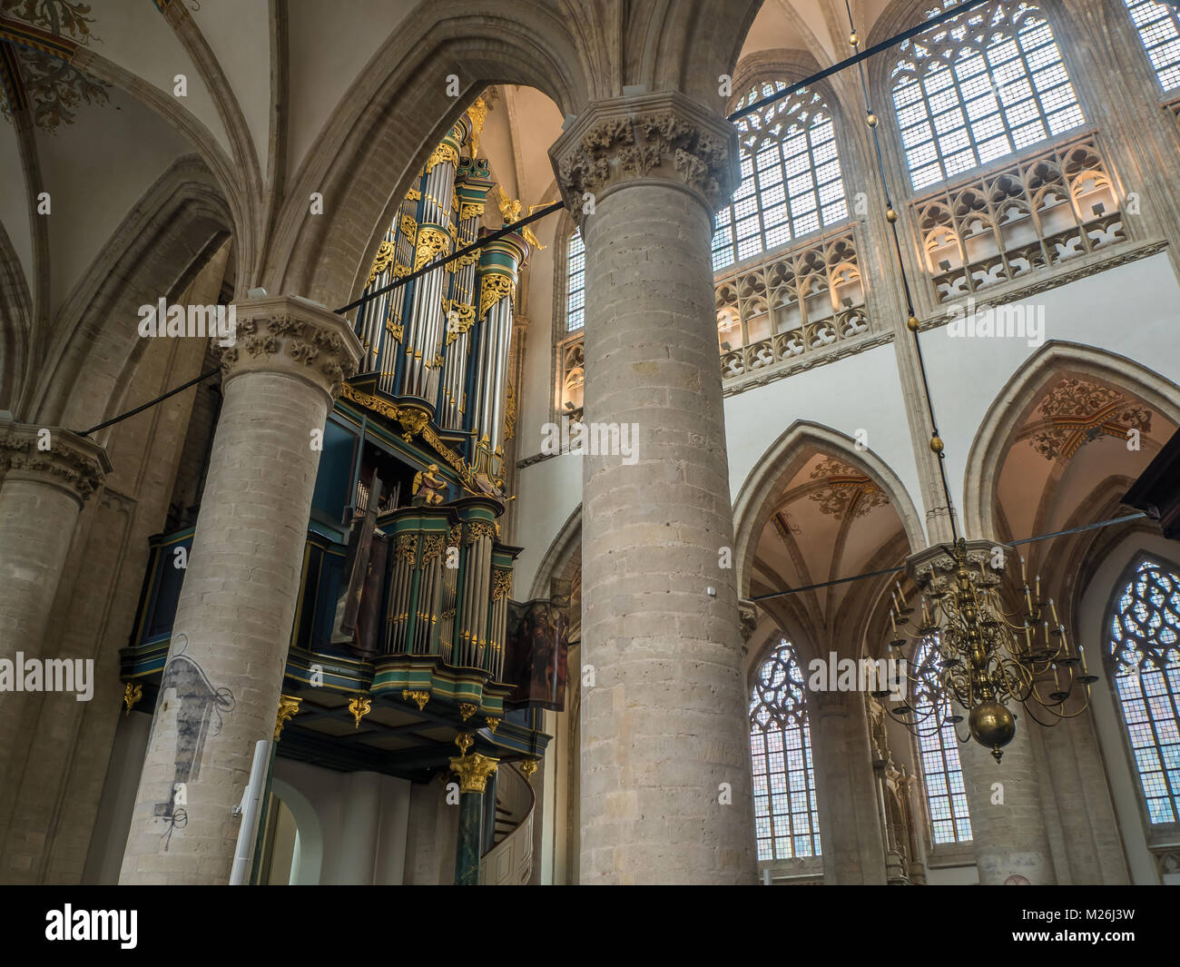 BREDA, NETHERLANDS - AUGUST 18, 2017: The Flentrop organ in the Grote Kerk was build in 1967-1969. It can be used for music from any style period. Stock Photo