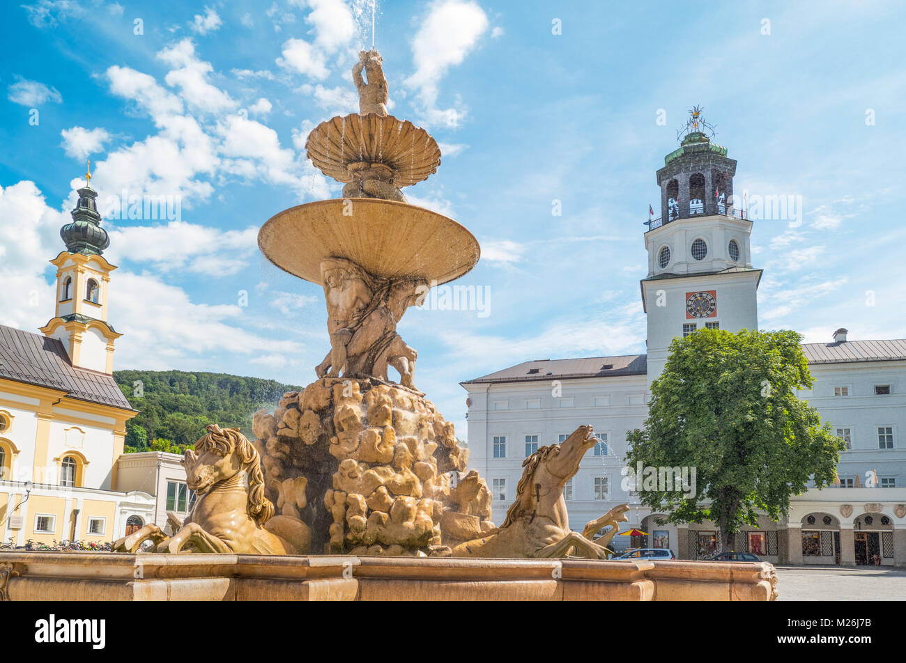 Austria, Salzburg, the fountain of Residence square in the old town Stock Photo