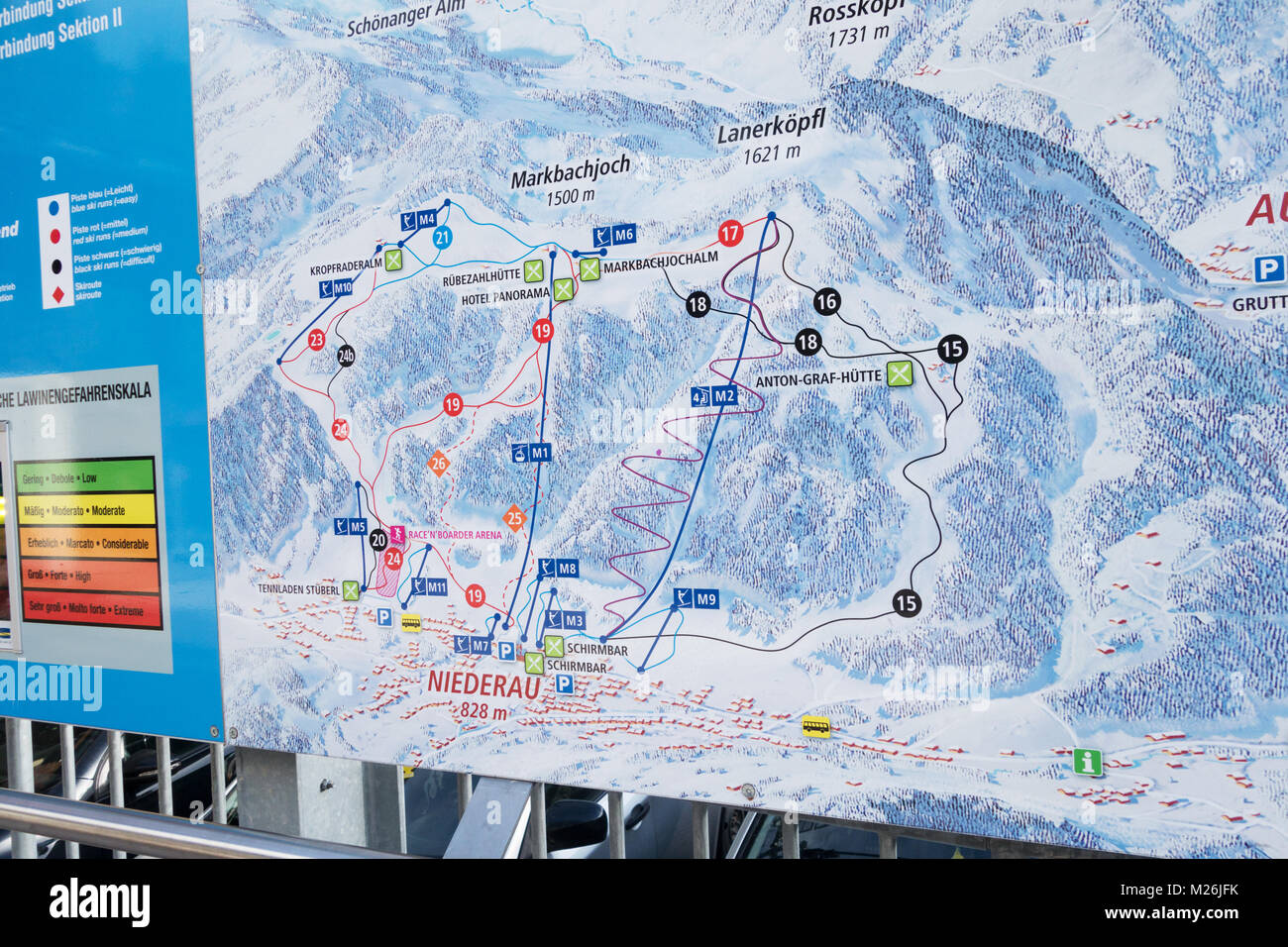 Skiing piste map, Niederau village, Alpenbach, Tirol, Austria Europe Stock Photo