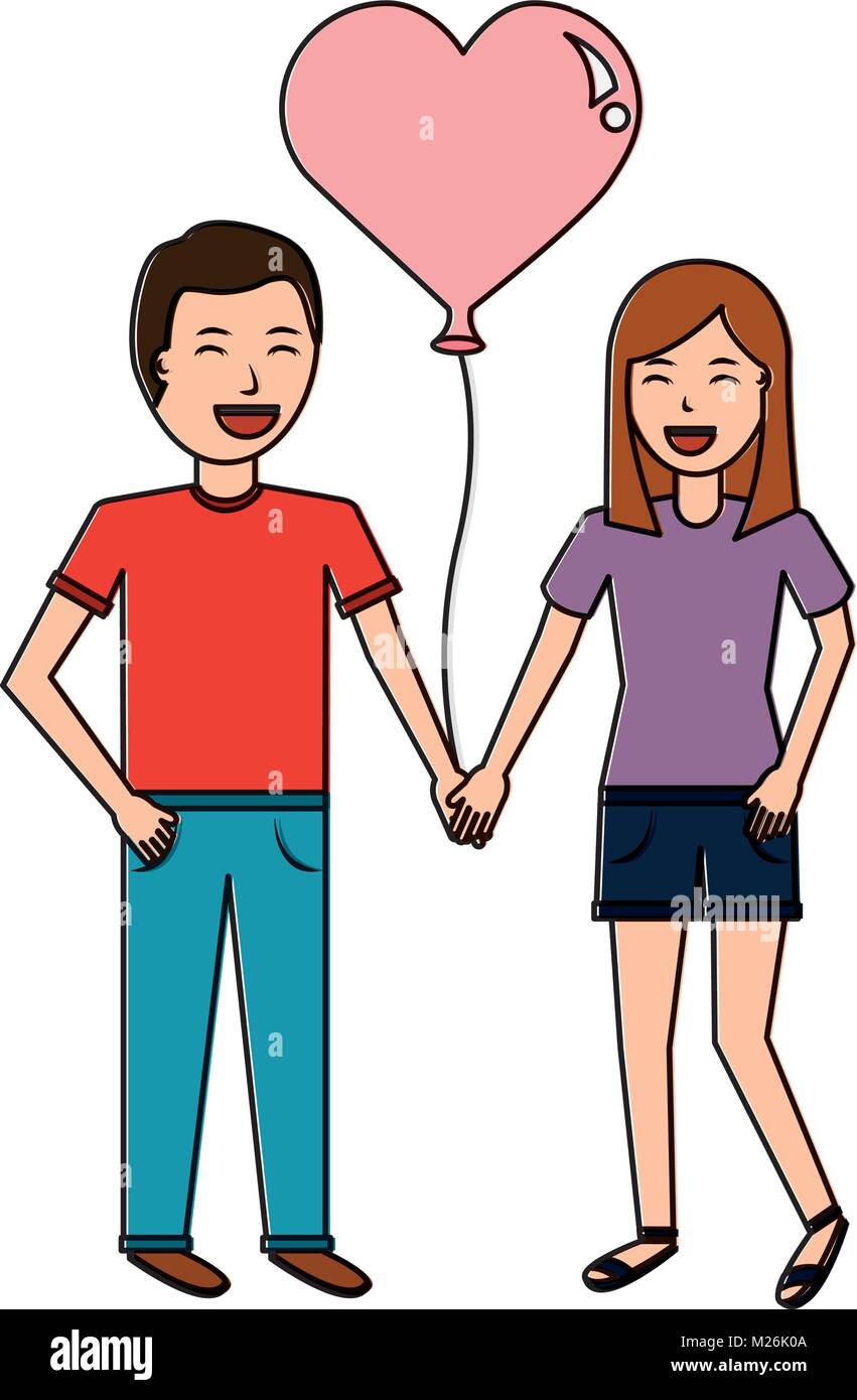 couple of young man and woman hold hands with heart balloon Stock ...