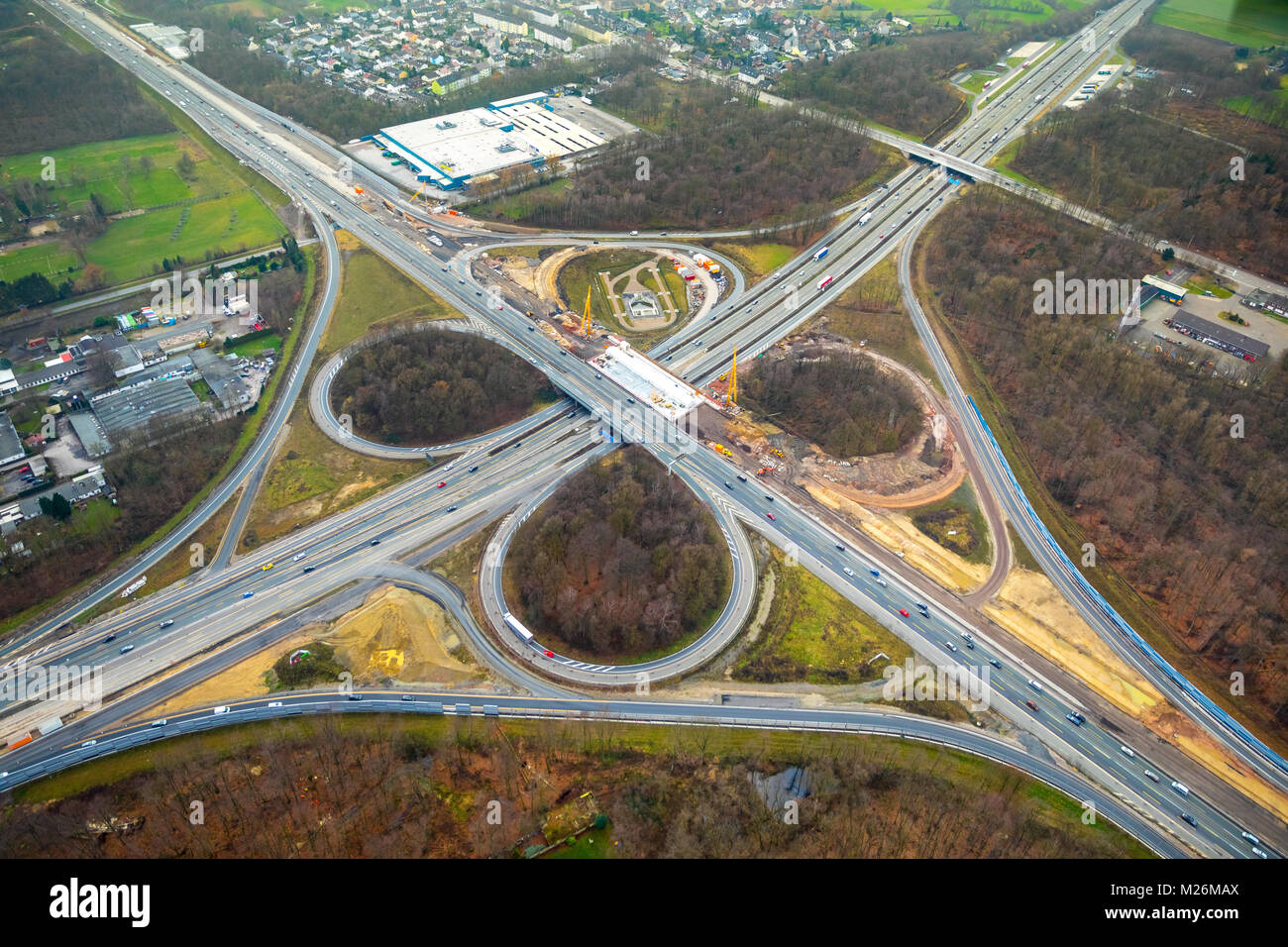 Reconstruction of the interchange Recklinghausen with the motorways A43 and A2. This aerial photograph shows the trefoil the highway junction in Reckl Stock Photo
