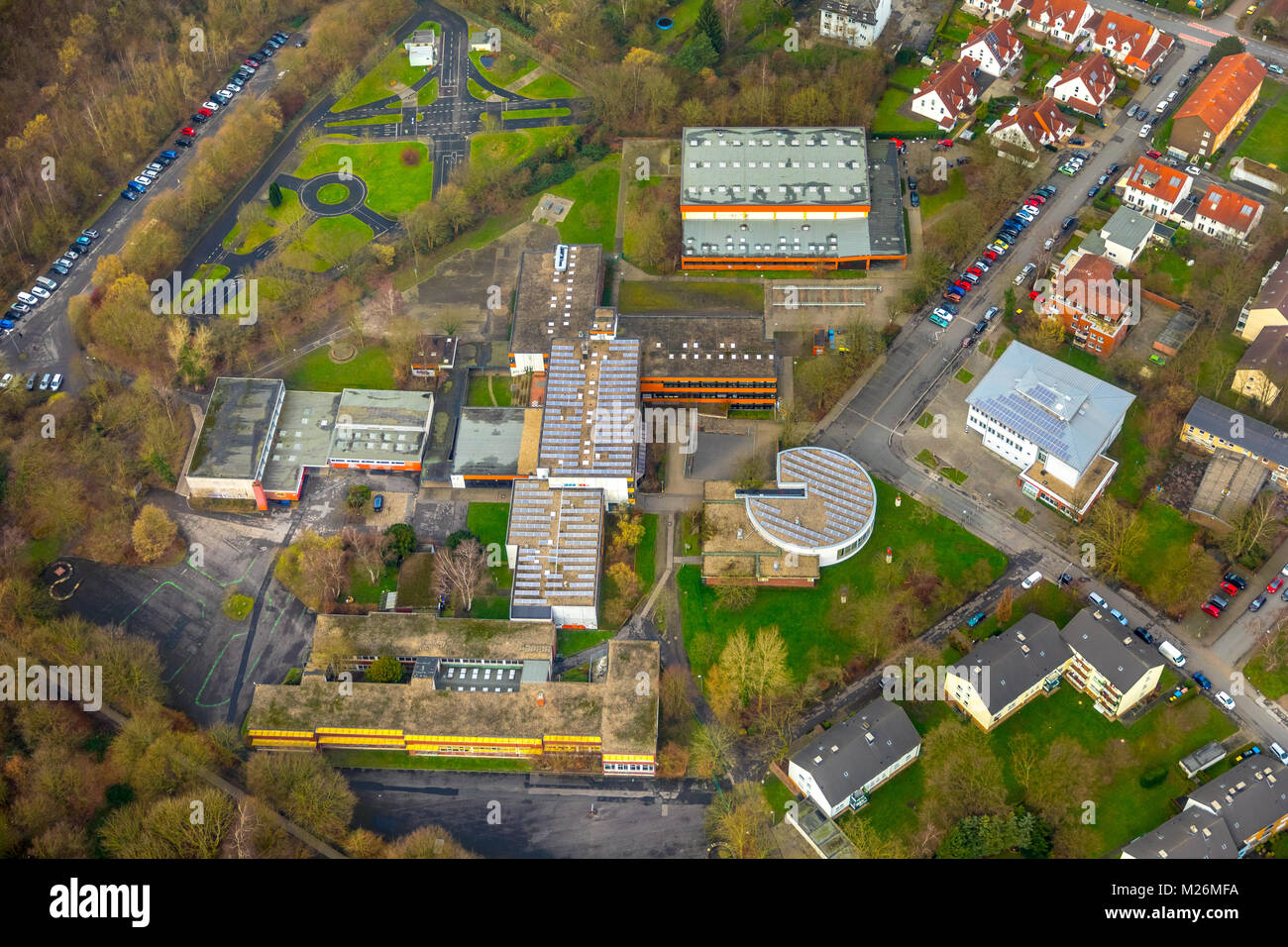 Aerial photos of the Kathe Kollwitz School in Luenen in the district Gahmen. At this school, a 15-year-old student stabbed a 14-year-old classmate. ,  Stock Photo