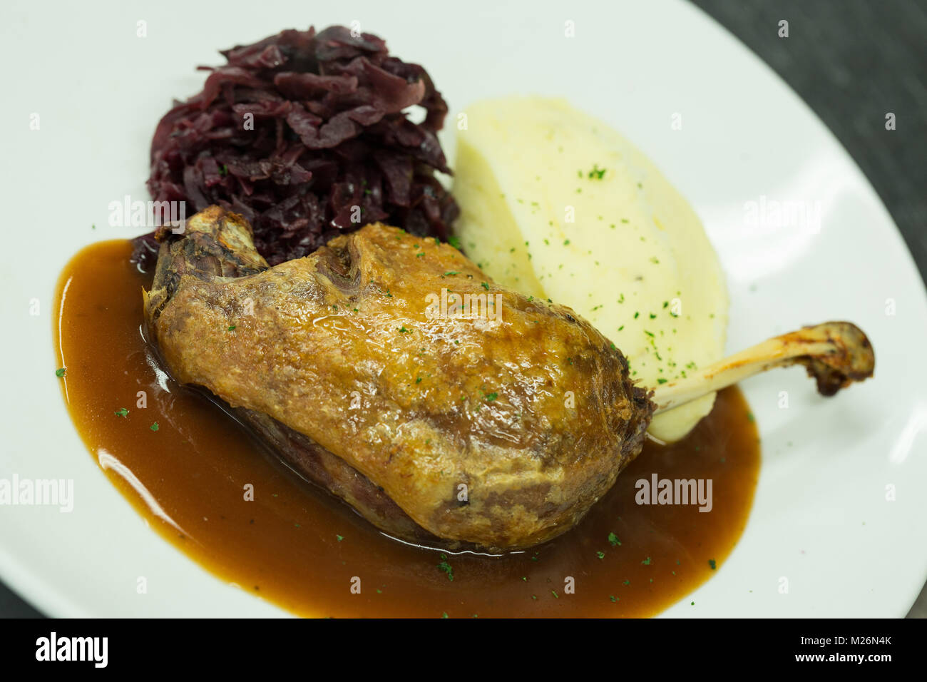 Duck with mashed potato and red cabbage Stock Photo