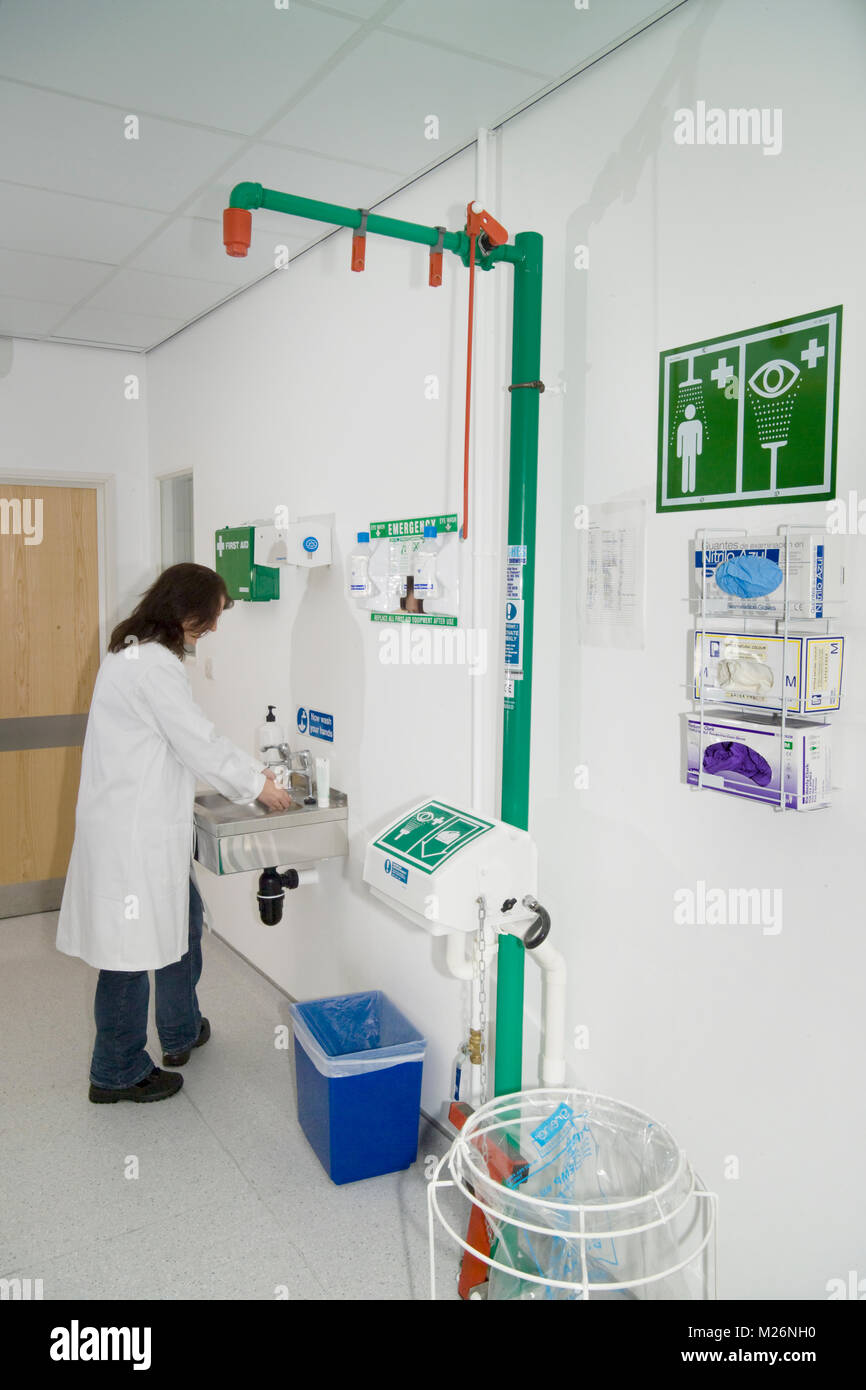 First-aid equipment in a UK science laboratory. Stock Photo