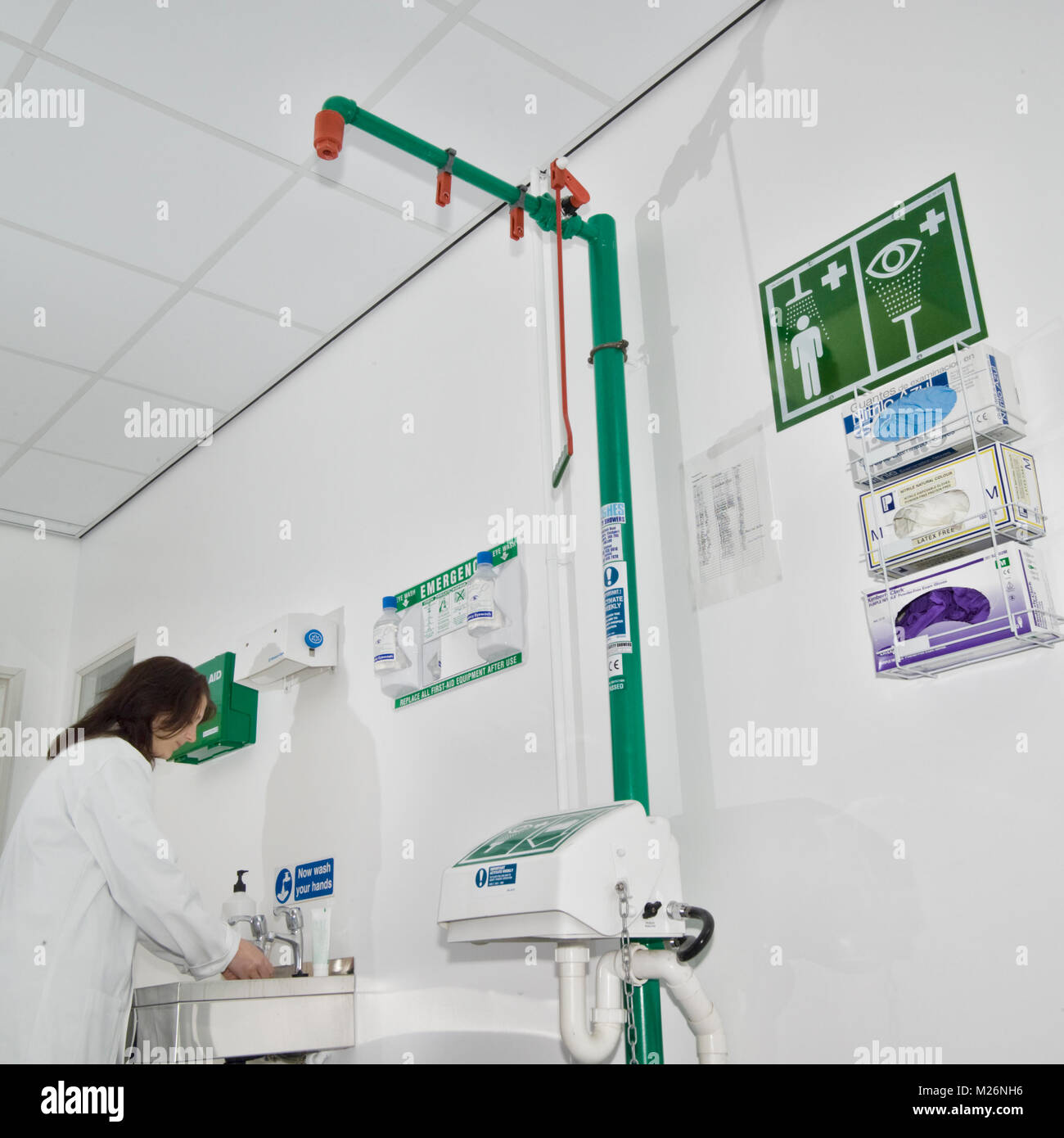 First-aid equipment in a UK science laboratory. Stock Photo