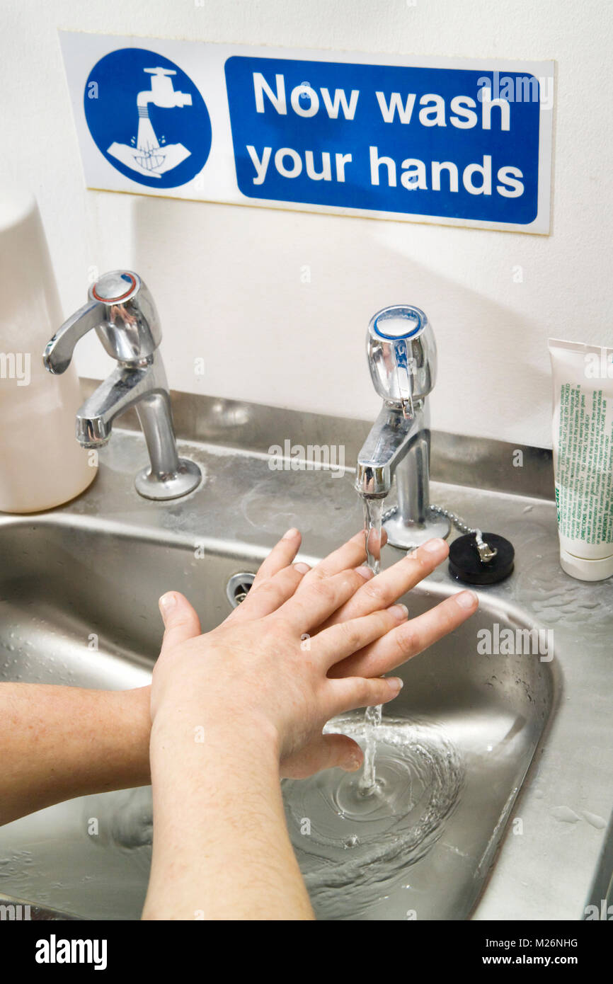 Hand-washing at an industrial basin in a biosciences laboratory, using techniques recommended by medical & hygiene experts for use in clinical situati Stock Photo