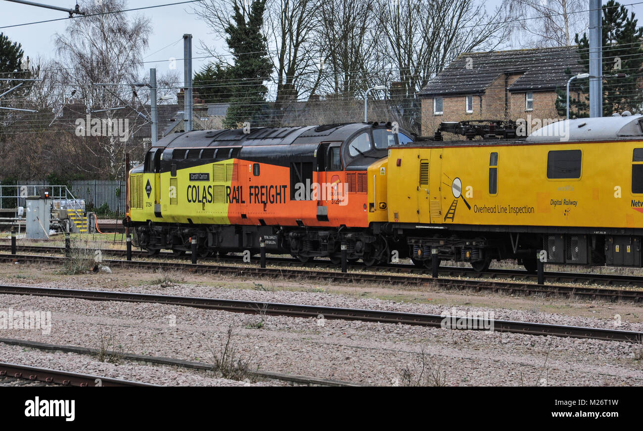 Colas Rail Freight Class 37 with overhead line inspection train at Cambridge, England, UK Stock Photo
