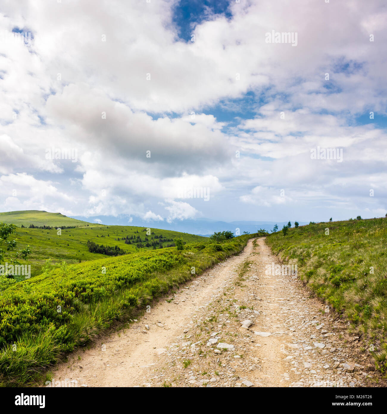 road through mountain meadows. beautiful landscape of Polonina Runa ridge on a cloudy summer day Stock Photo