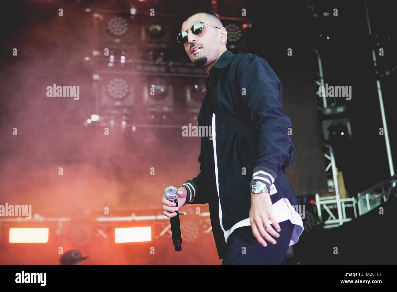 The Danish rapper Sivas (Stylized S!vas) performs a live concert at the Apollo Countdown stage at Roskilde Festival 2014. Sivas mess up the Danish dictionary combining Danish, English and Arabian in one big ghetto mixture. Denmark 02.07.2014. Stock Photo