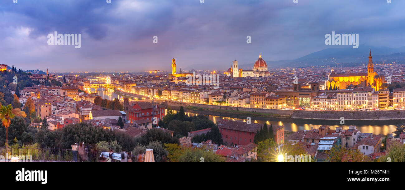 Famous view of Florence at night, Italy Stock Photo