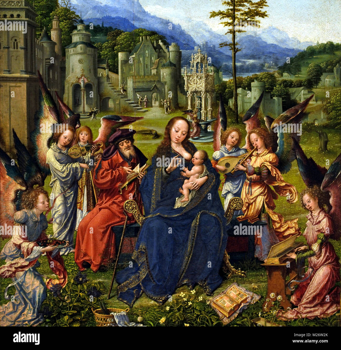 Triptych of the Holy Family with angels unknown master 16th-century  Belgian, Belgium, Flemish, The Netherlands, Dutch,( middle panel ) provenance (Palacio das Necessidades , Lisbon Portugal ) angels play on the violins Stock Photo