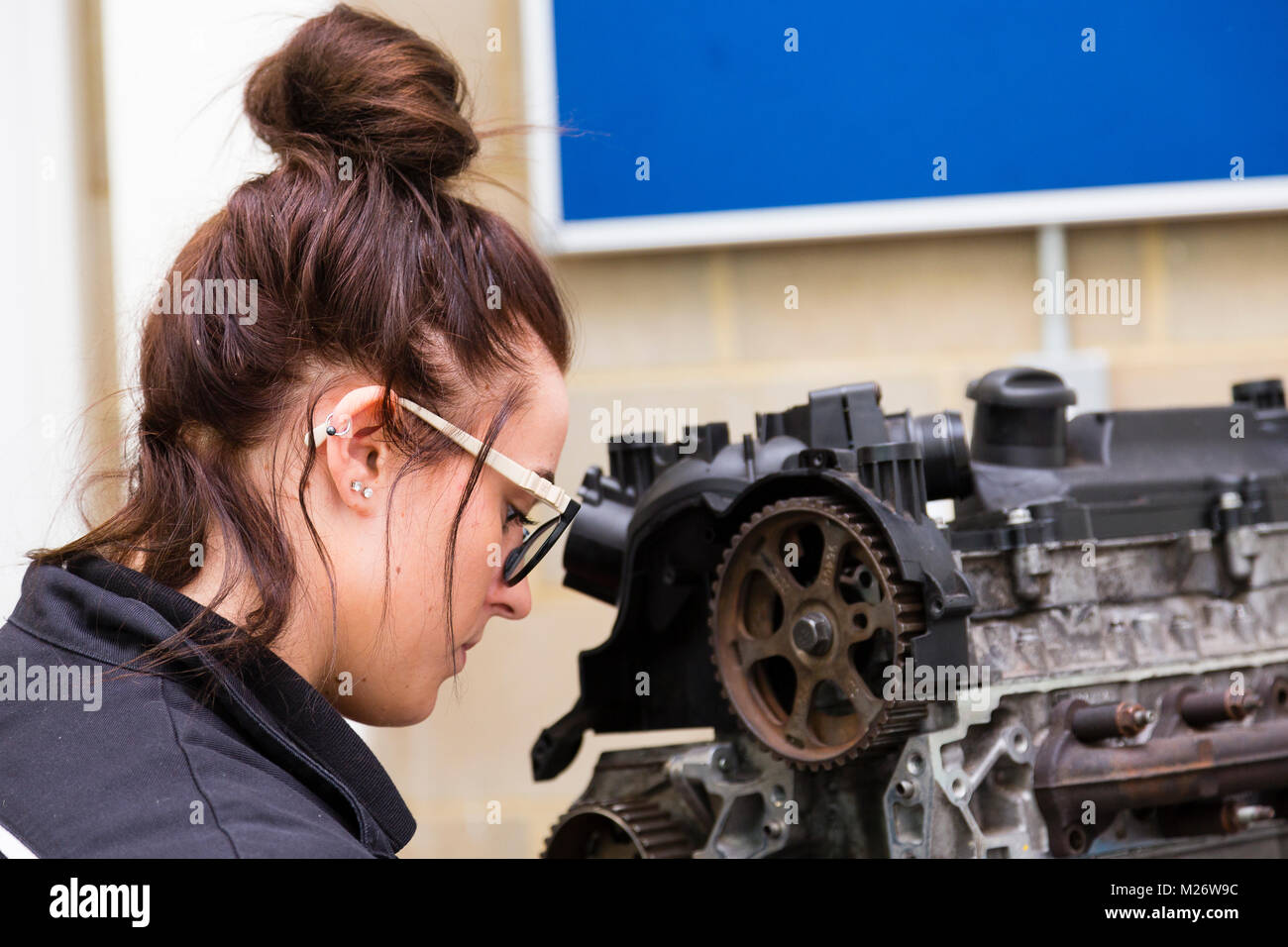 A young woman wearing white gloves replaces the timing belt on a car engine. Stock Photo