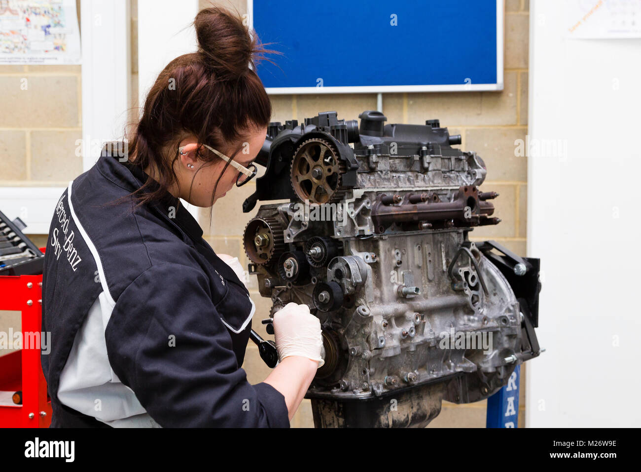 A young woman wearing white gloves replaces the timing belt on a car engine. Stock Photo