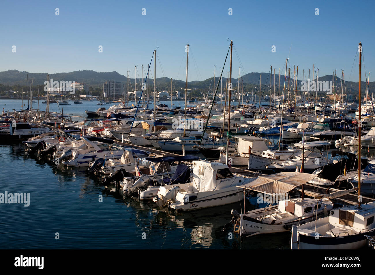 boats in the harbour at san antonio ibiza Stock Photo