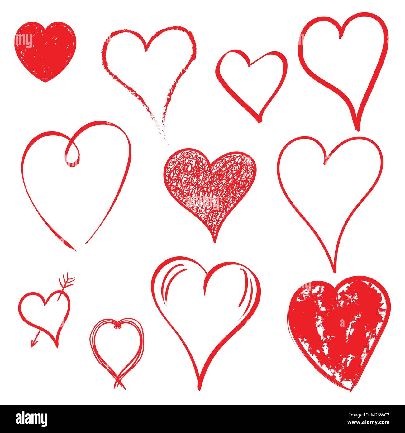 Hearts icon set. Love hand drawn vector illustration on white ...