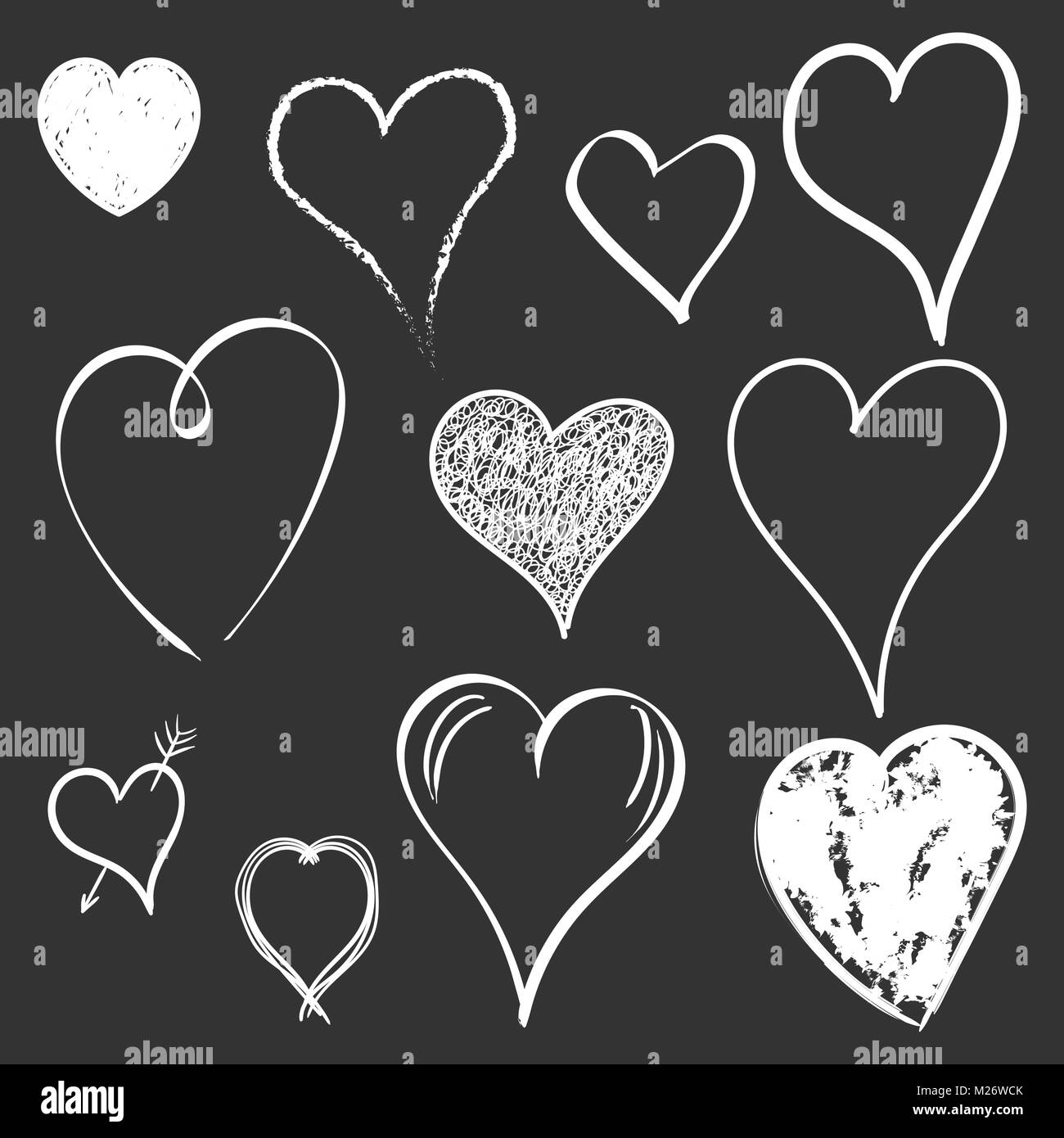 Hearts icon set. Love hand drawn vector illustration on black ...