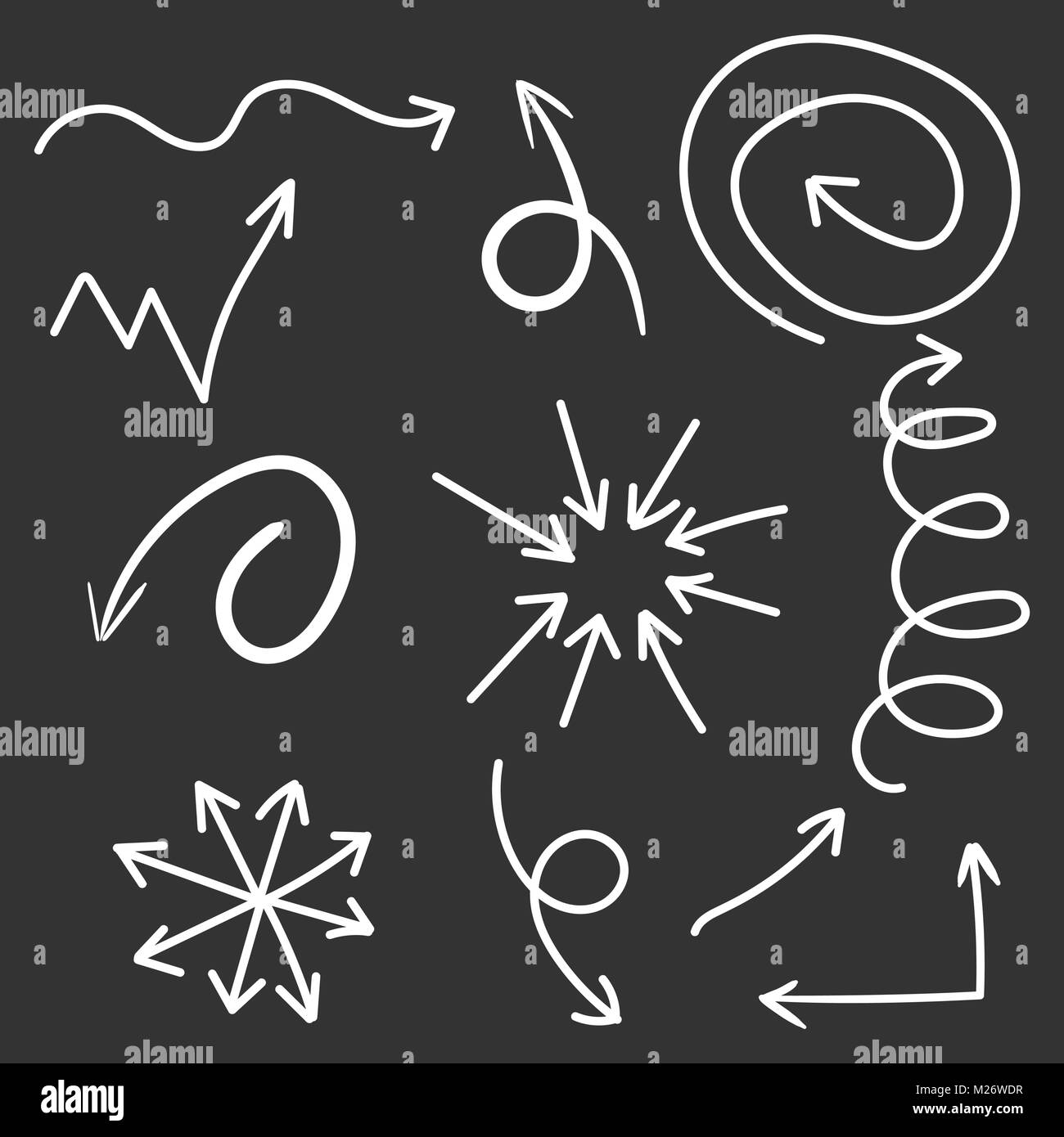 Arrows icon set. Hand drawn vector illustration on black background ...